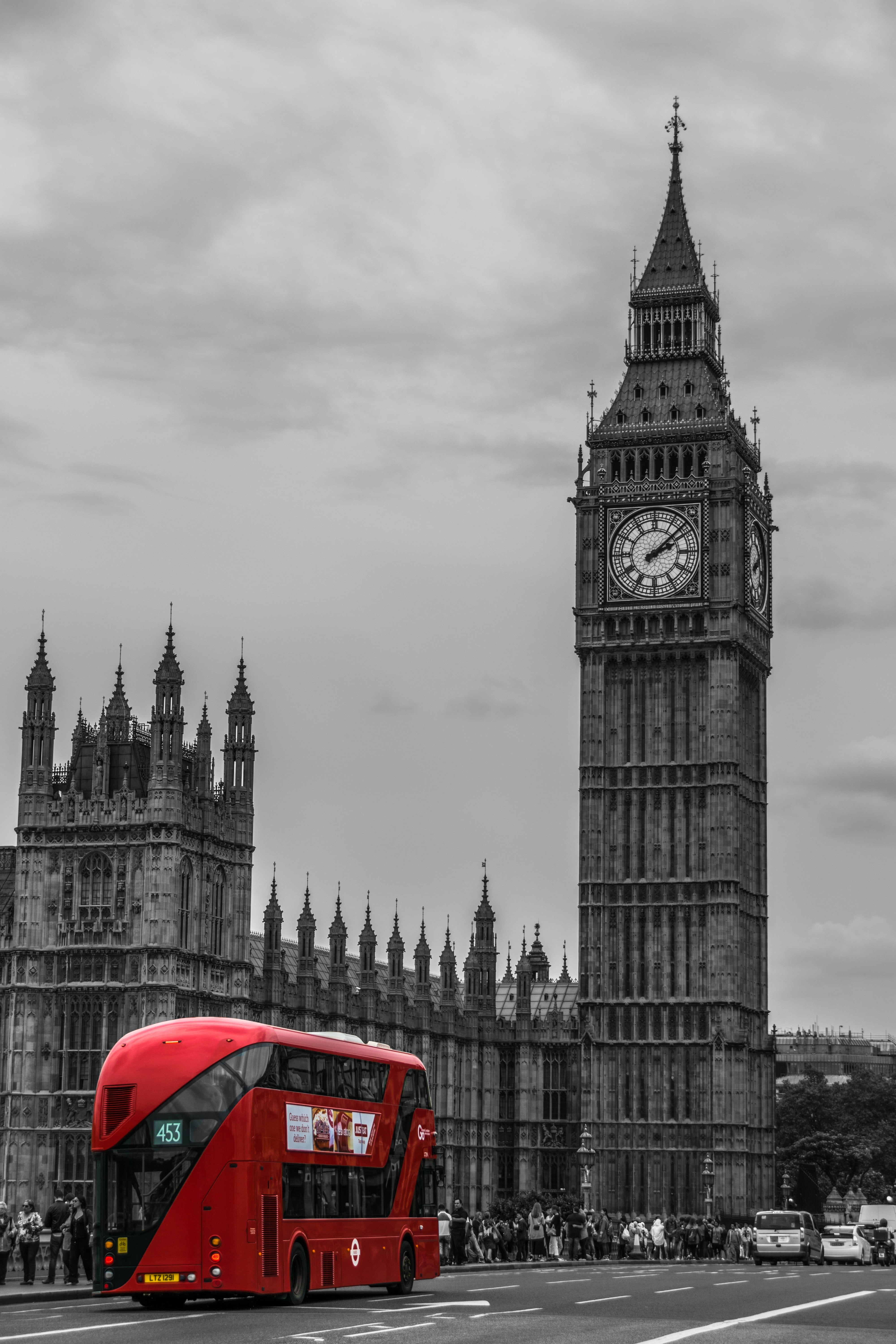 architecture, red, bus, london, famous Place, built structure, 5K, public transportation, selective, uK, city Of Westminster, travel, land vehicle, clock Tower, Phone HD Wallpaper