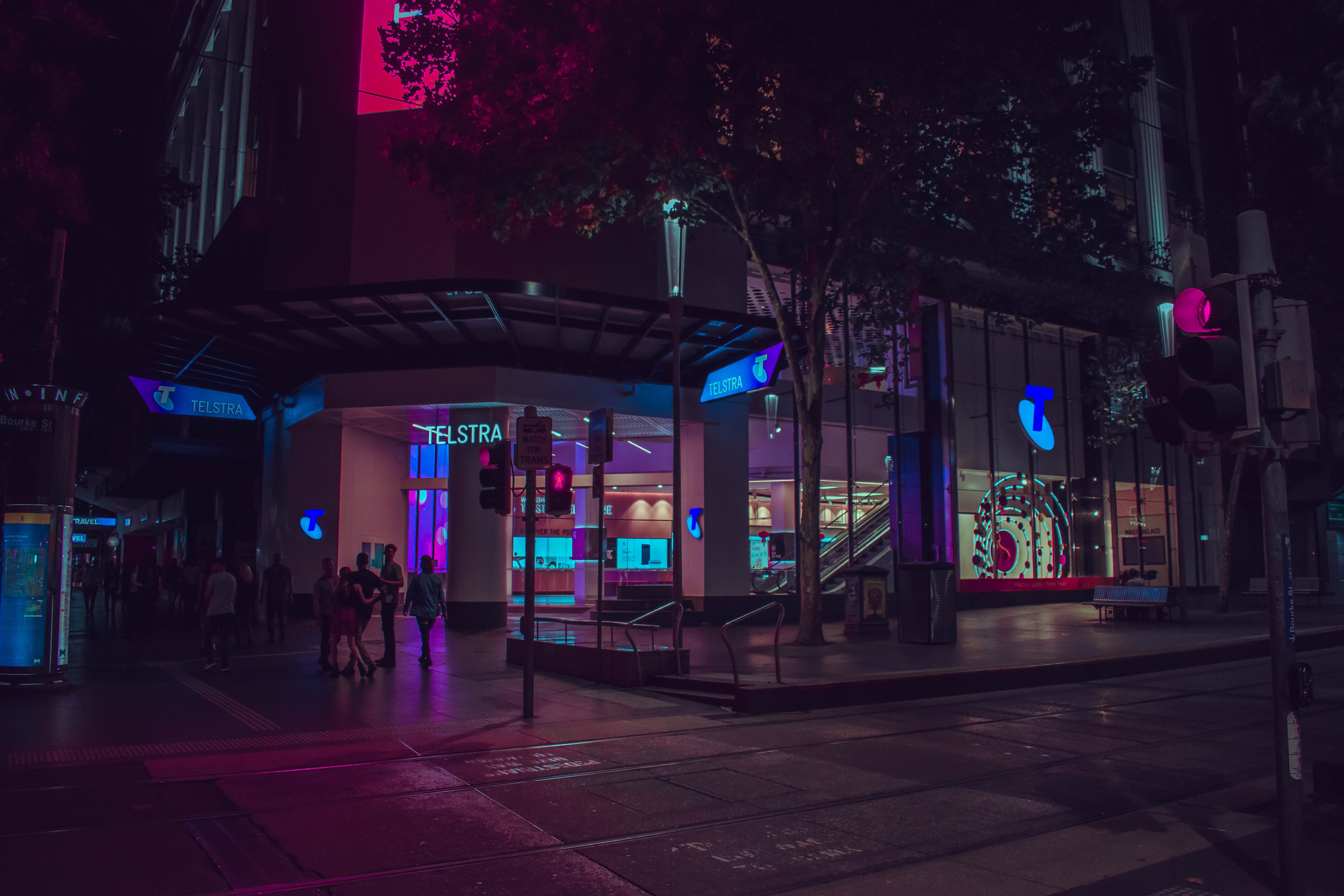 building exterior, lifestyles, group of people, large group of people, real people, outdoors, melbourne, night, illuminated, city life, footpath, cyberpunk, HD Wallpaper