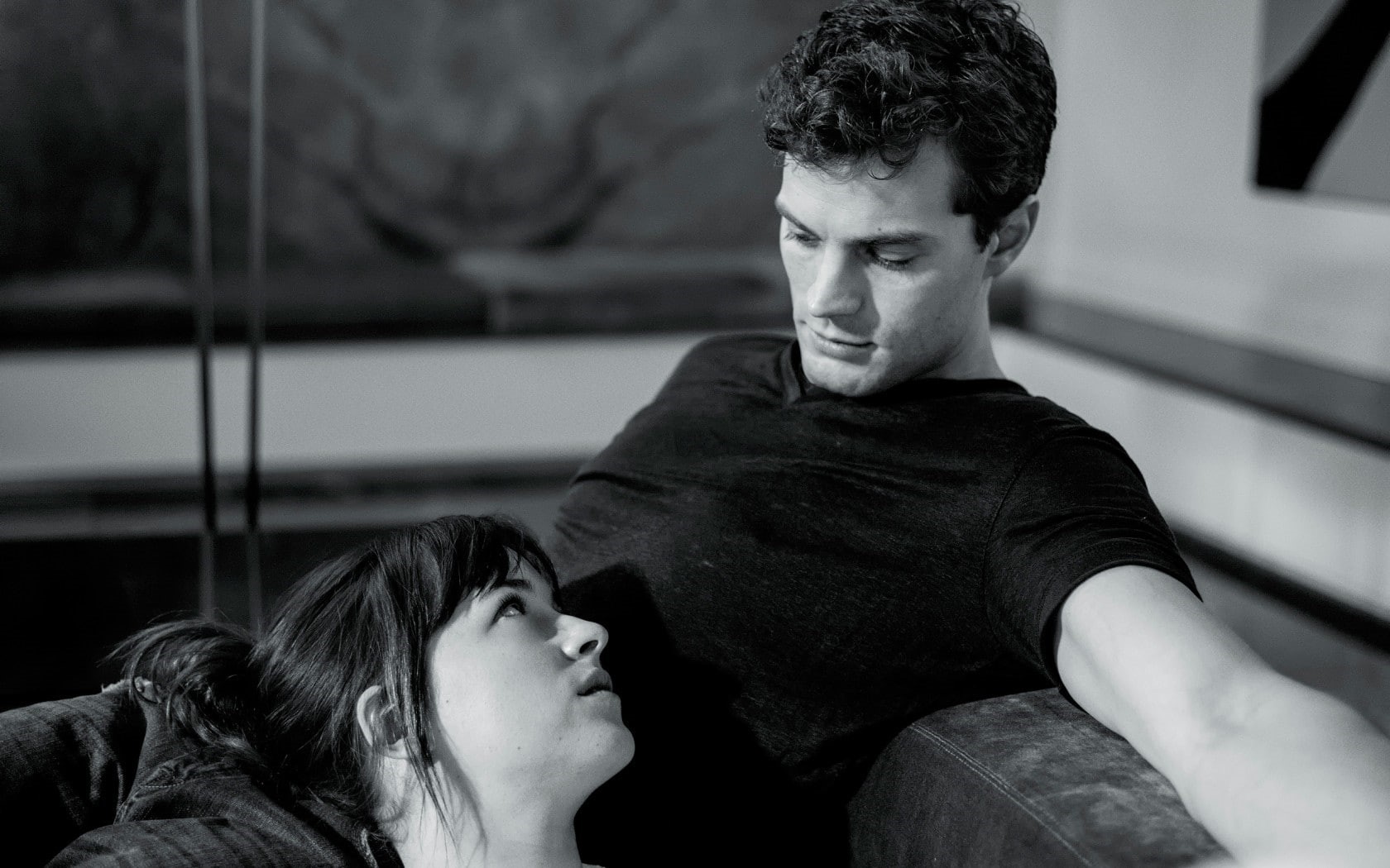 teenager, Dakota johnson, looking, two people, males, young men, indoors, contemplation, young adult, headshot, 720P, focus on foreground, men, Fifty shades of grey, HD Wallpaper
