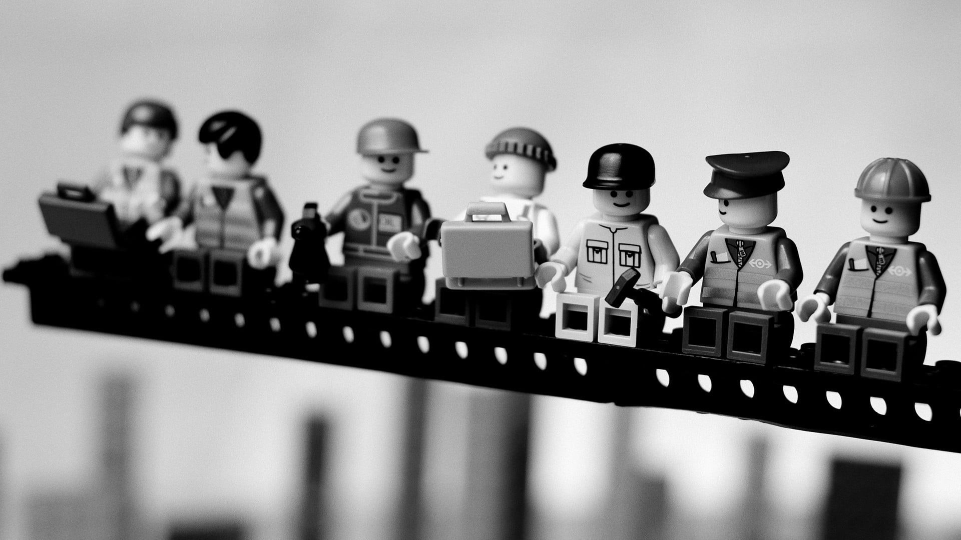 minifig, technology, group, men, 1080P, monochrome, assorted, teamwork, females, LEGO, in a row, offspring, cooperation, human representation, indoors, HD Wallpaper