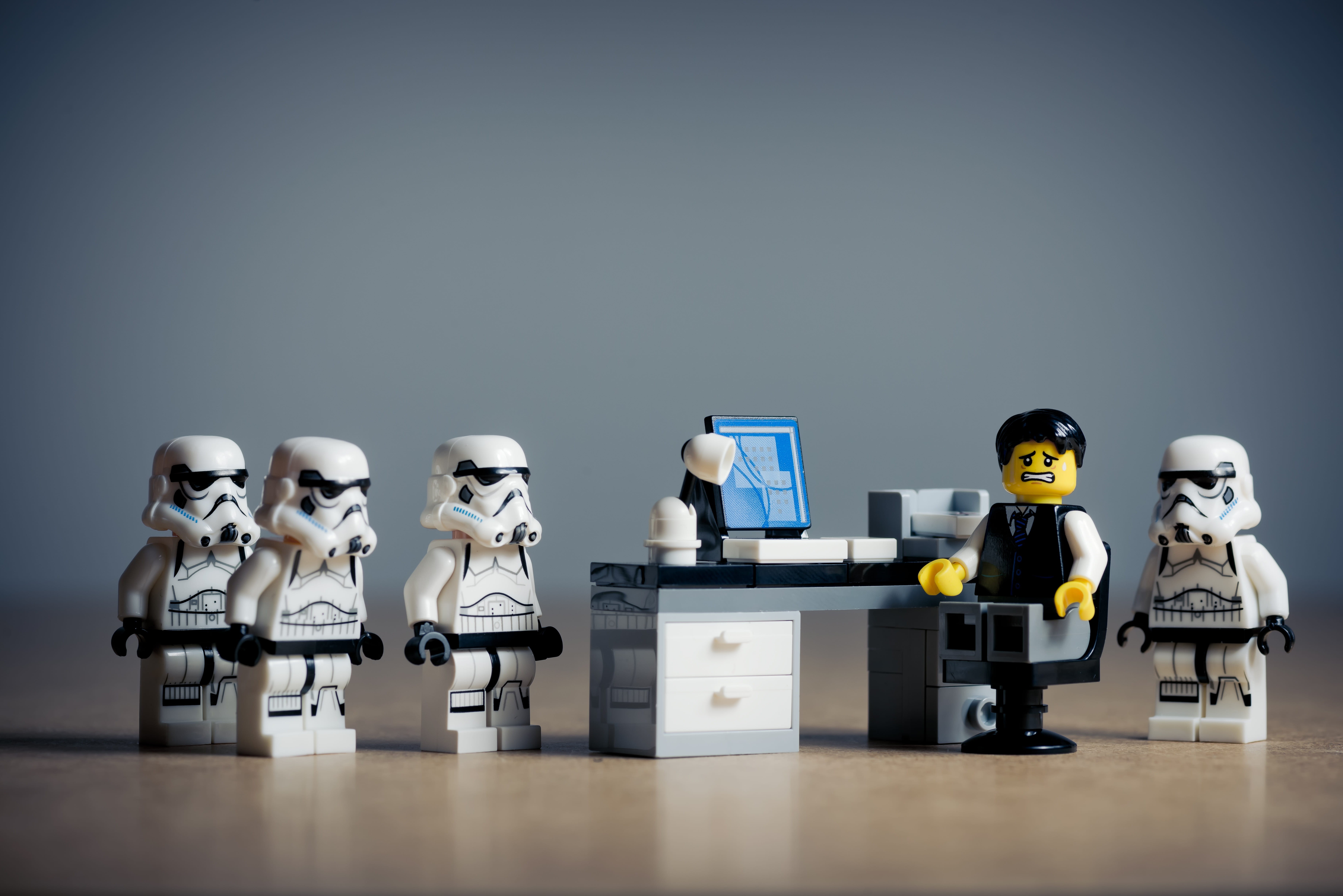 anthropomorphic, minifigs, businessman, despaired, business, science, businesswoman, frustration, stormtrooper, artificial intelligence, desk, male likeness, HD Wallpaper