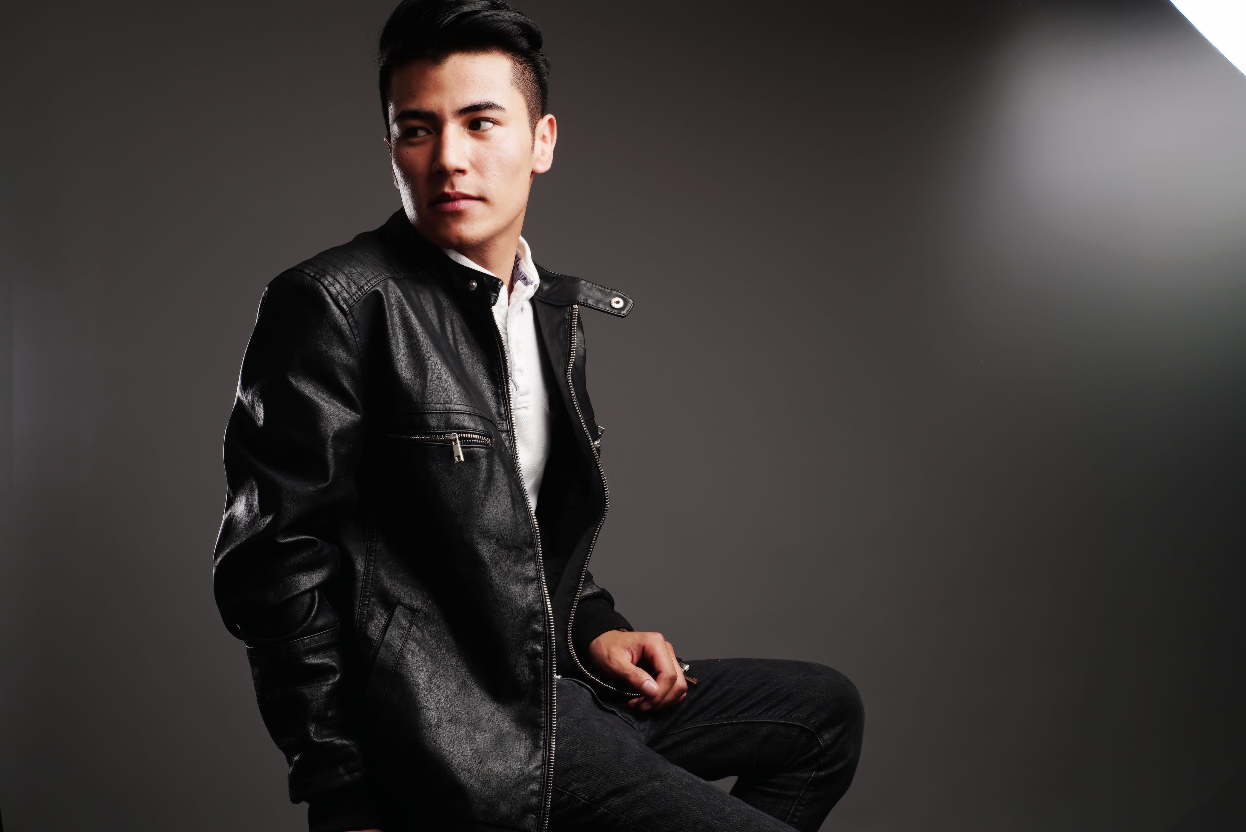 black, suit, trendy, one person, indoors, looking, attractive, portrait, fashion, zip, face, leather jacket, business, young men, serious, studio, 4K, HD Wallpaper