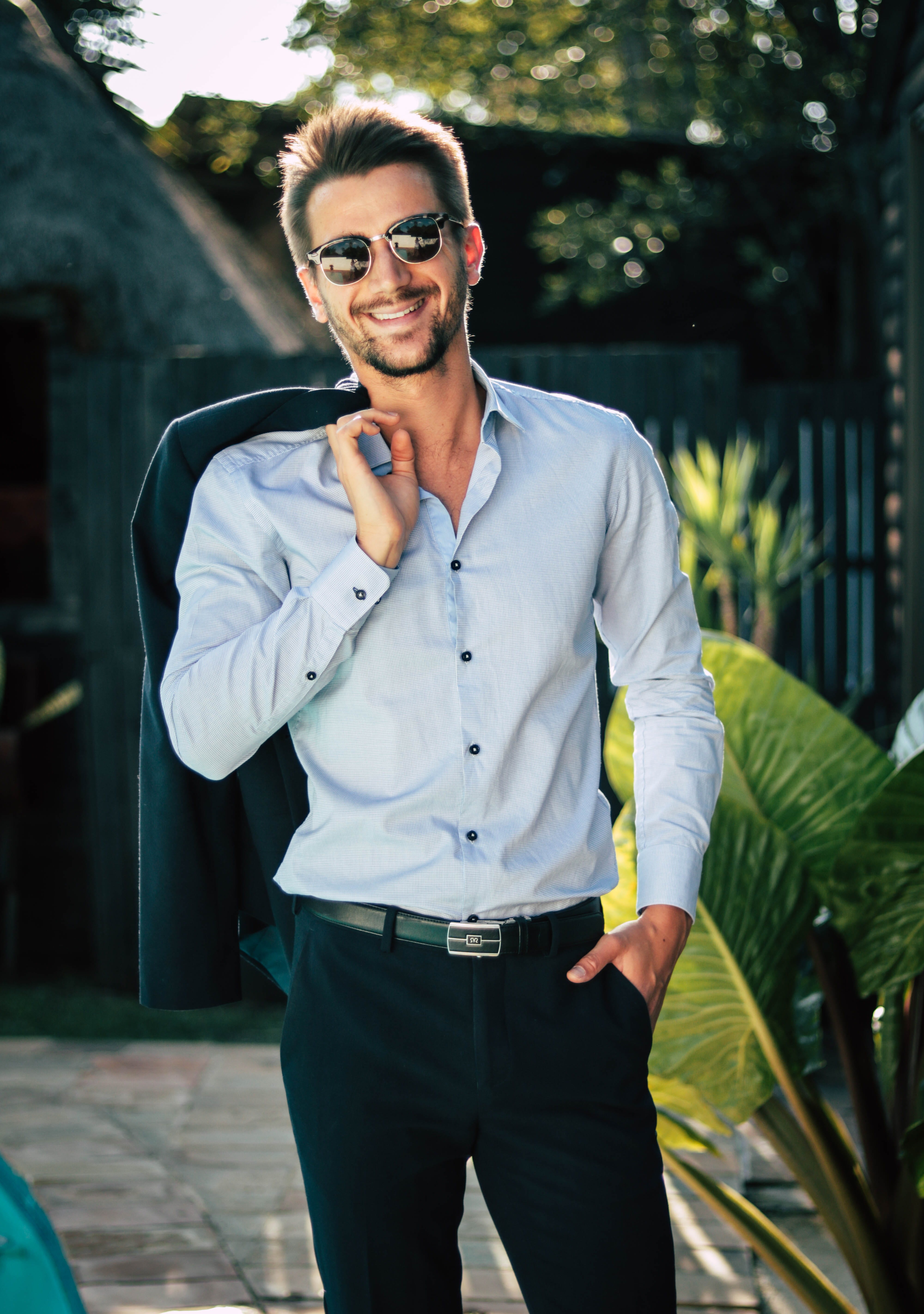 male, shirt, summer, pose, blue, enthusiasm, outdoors, autumn, person, real people, clothing, white, portrait, jacket, young adult, fashion, sunglasses, Phone HD Wallpaper