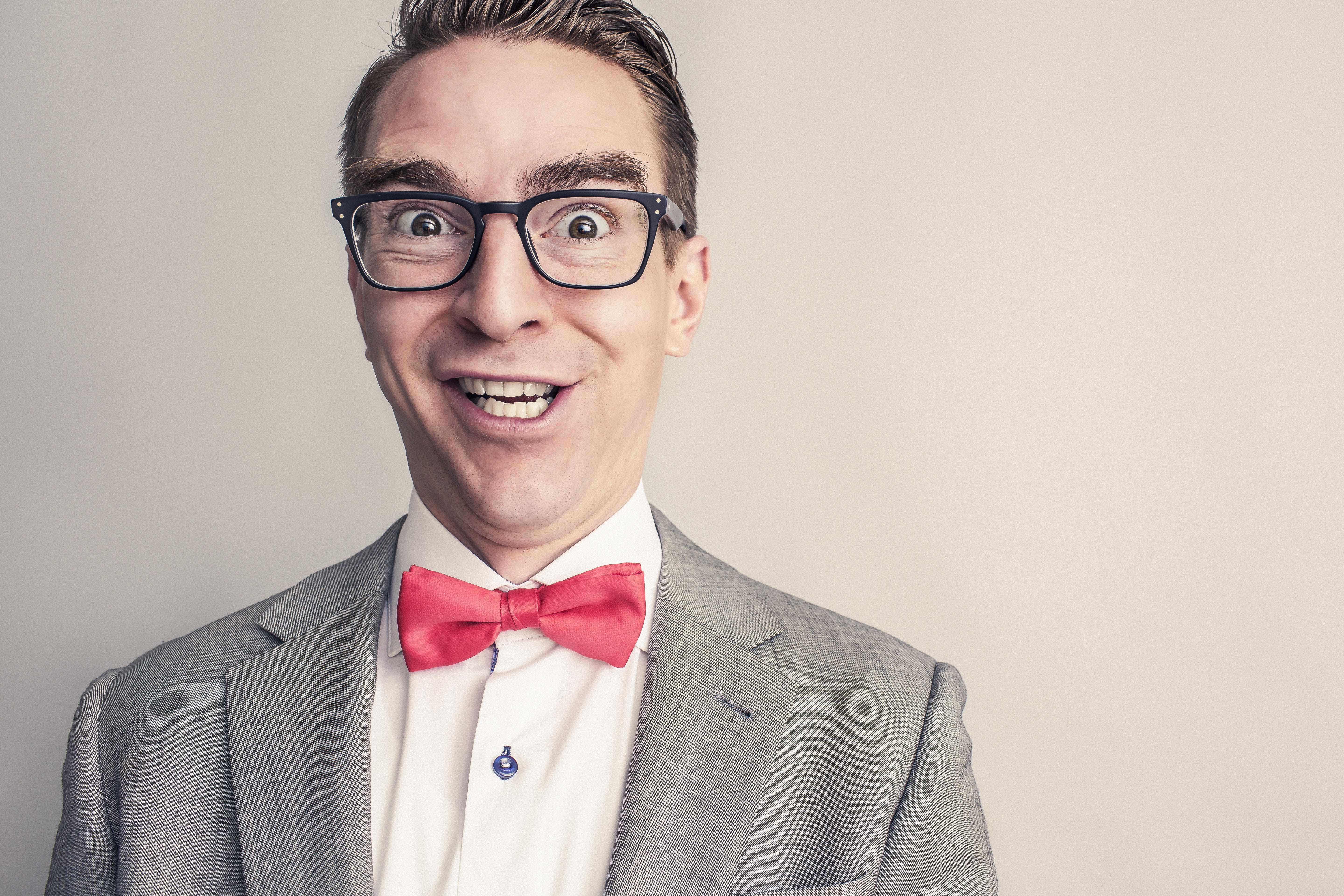 whimsical, caucasian Ethnicity, male Beauty, headshot, adult, bow Tie, jacket, happiness, hairstyle, science, glasses, suit jacket, business, people, lazy, HD Wallpaper