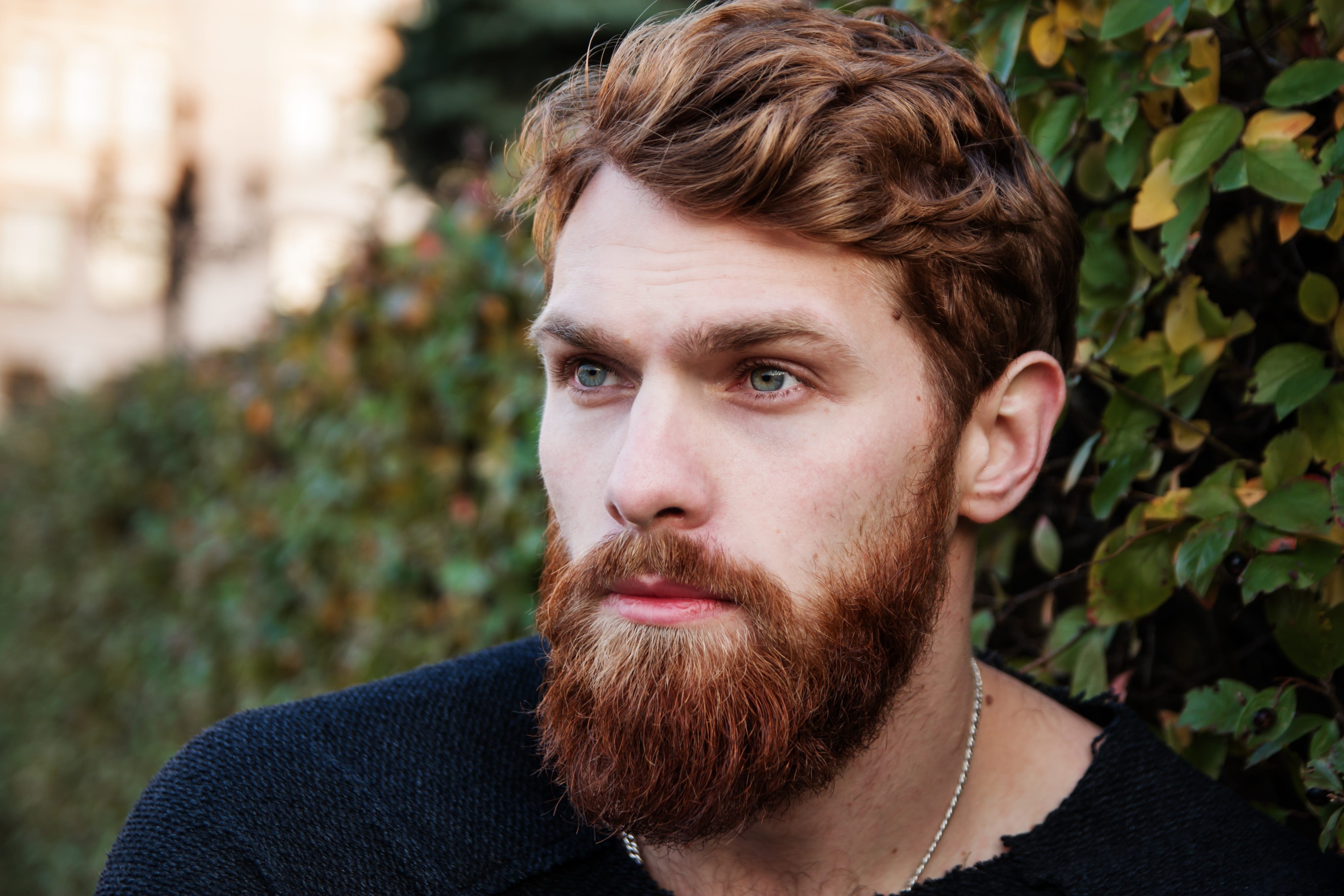 close-up, looking, greens, 4K, facial hair, young men, fashion, attractive, fine-looking, outdoors, stylish, wear, eyes, smile, summer, contemplation, HD Wallpaper
