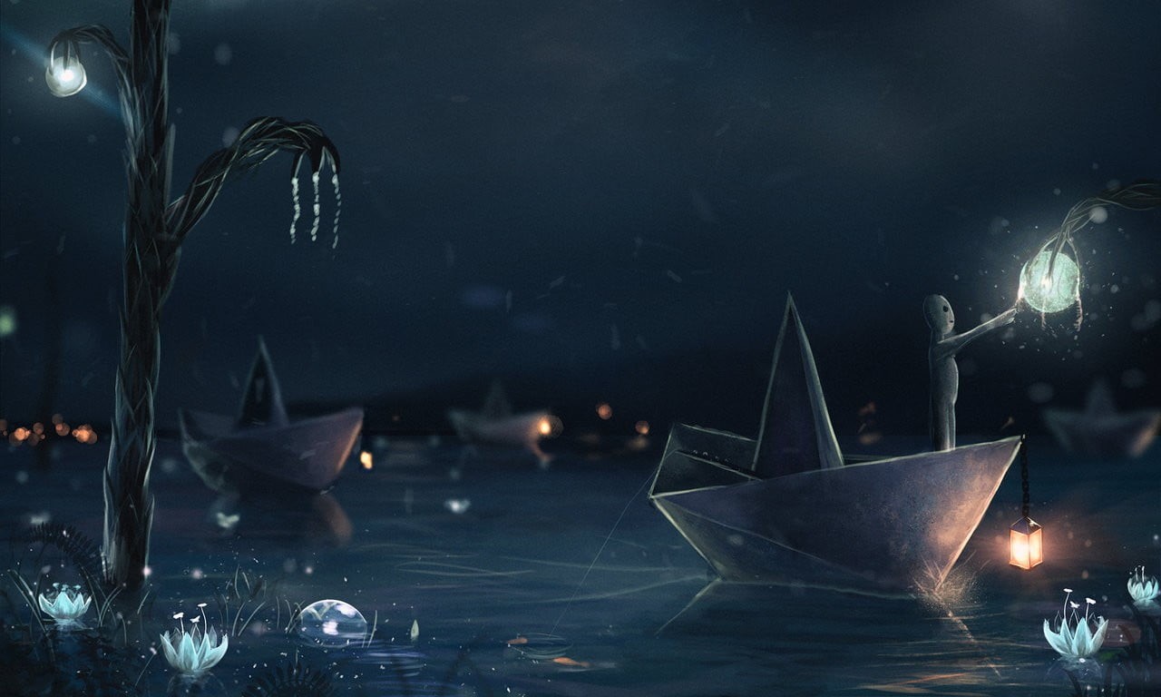 illustration, floating, ship, nature, 720P, lighting equipment, sailing, paper boats, boat, lantern, no people, sailing ship, sea, craft, passenger craft, HD Wallpaper