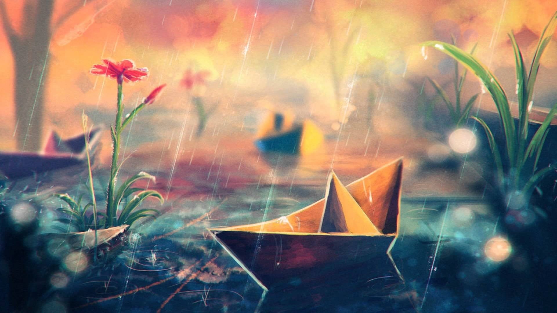 boat, outdoors, celebration, beauty in nature, Sylar, close-up, nature, reflection, 1080P, rain, flower, water, digital composite, creativity, paper, artwork, HD Wallpaper