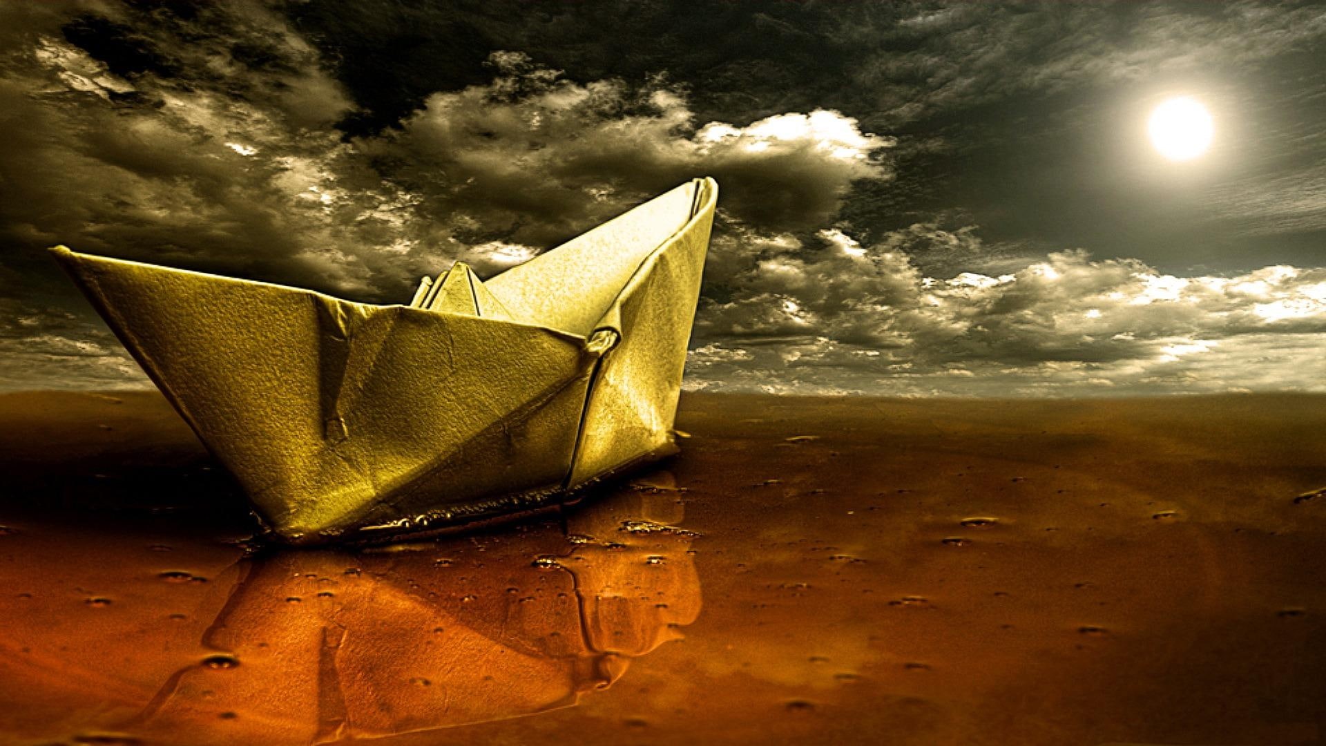 3d and abstract, moon, 1080P, water, illustration, nature, paper, boat, HD Wallpaper