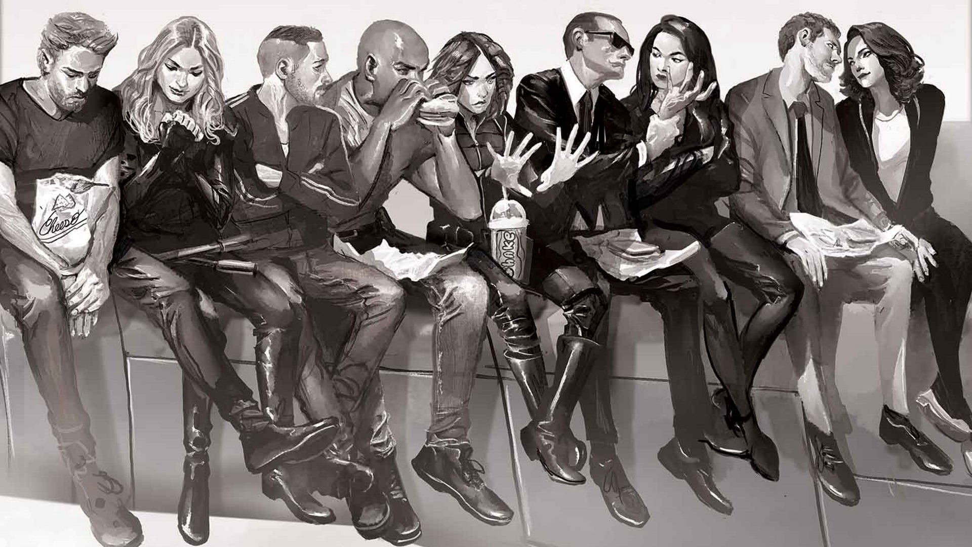 artwork, clothing, Agents of S.H.I.E.L.D., men, females, sitting, people, mid adult, males, monochrome, movie, arts culture and entertainment, music, indoors, HD Wallpaper