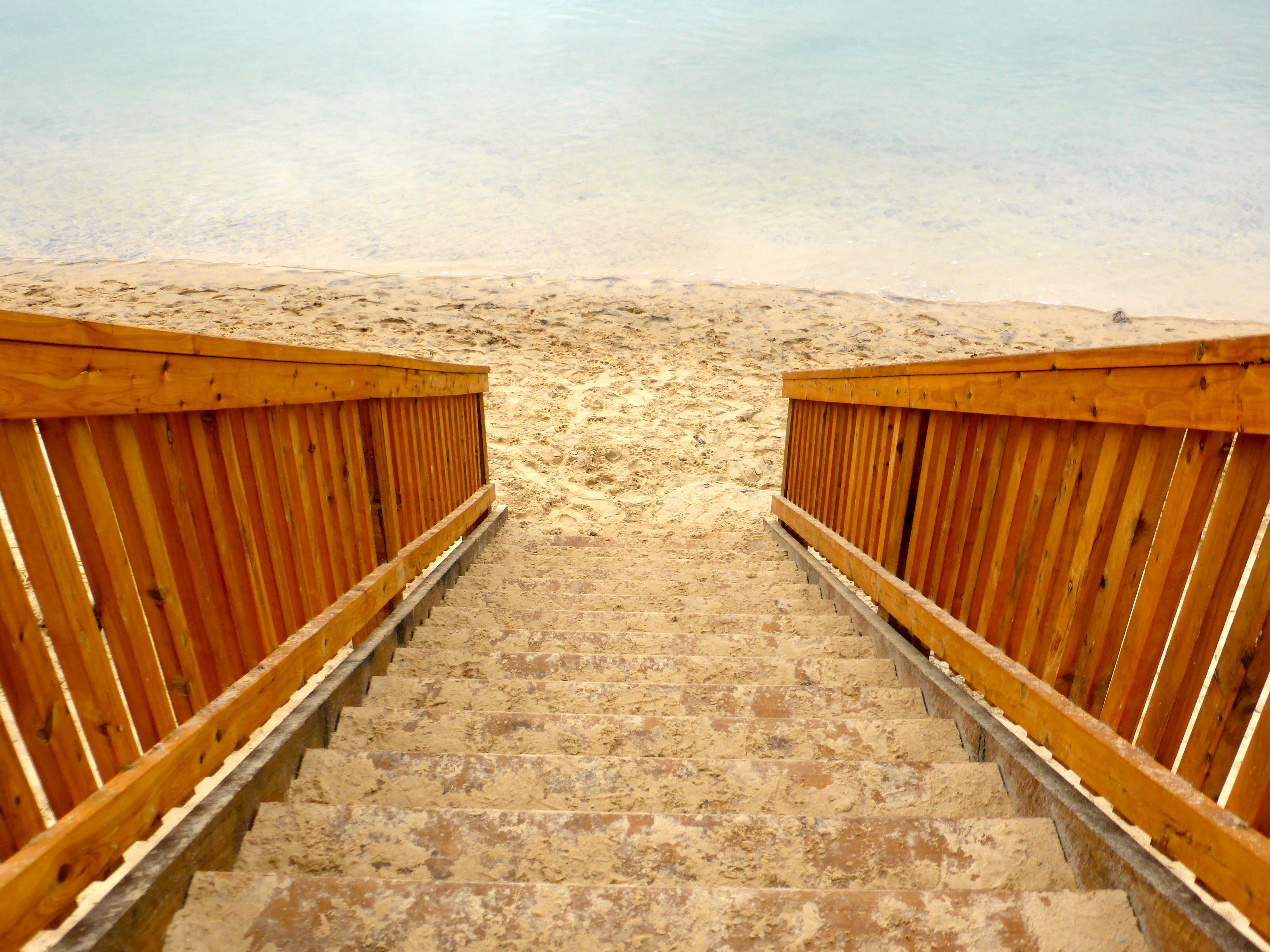 timber, staircase, landscape, structure, tranquility, architecture, 4K, outdoor, climb, absence, railing, high angle view, brown, beach, wood - material, HD Wallpaper