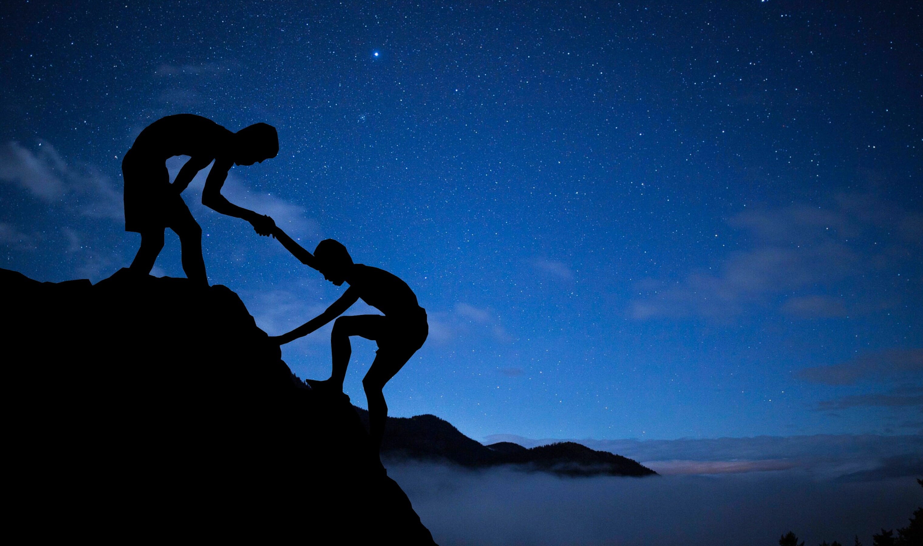 mountain, beauty in nature, achievement, low angle view, rock, night, stars, silhouette man, scenics - nature, success, nature, partnership, help, mentor, HD Wallpaper