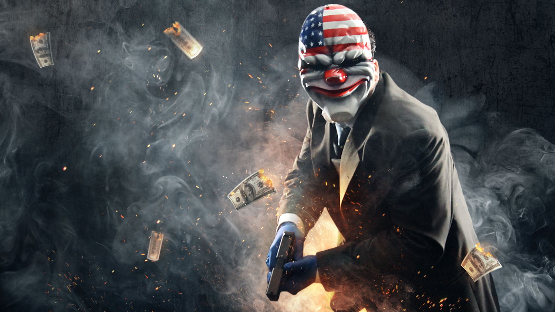 money, payday, 1080P, video games, hd, smoke, currency, handgun, cash, mask, HD Wallpaper