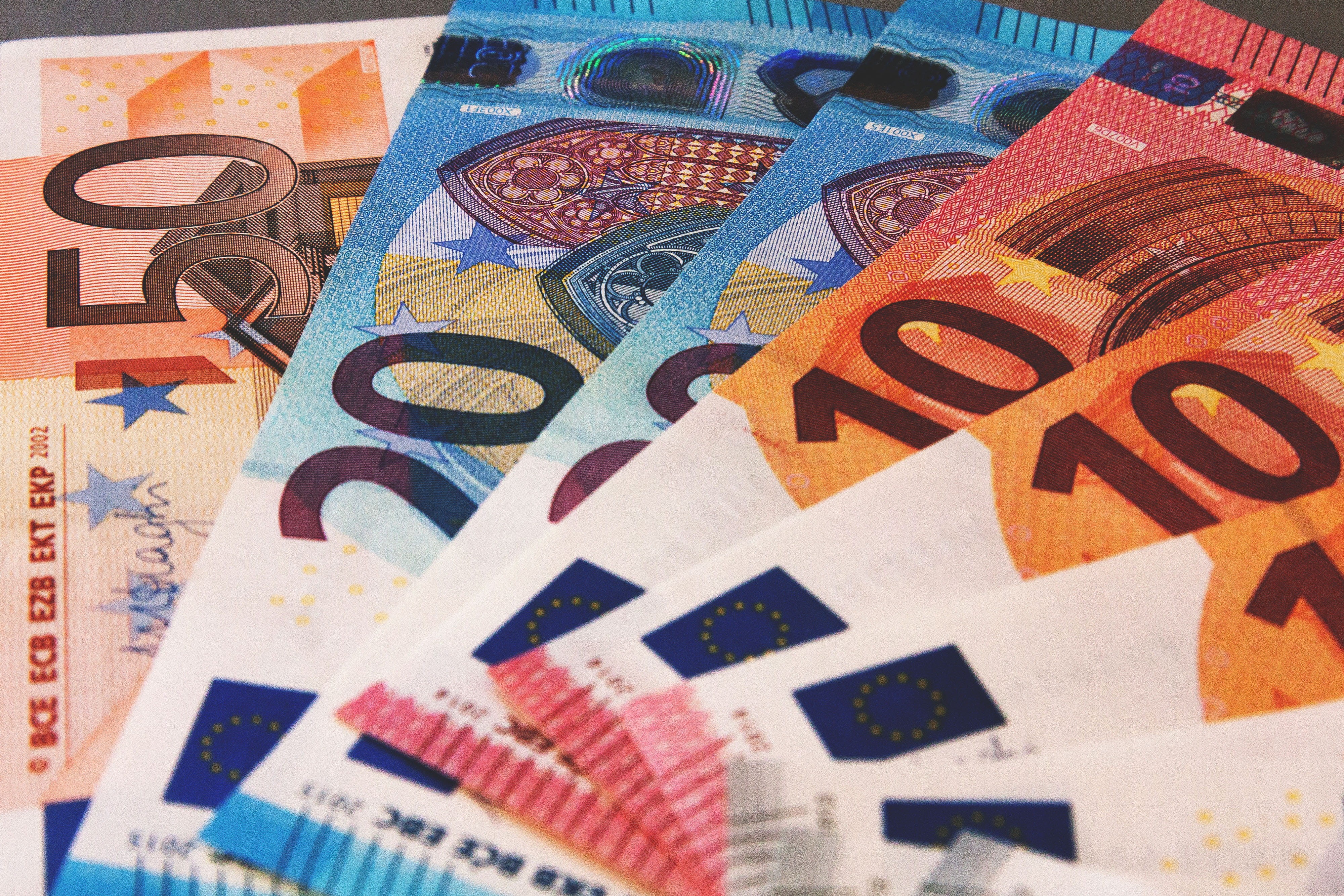 number, currency, multi colored, finance, close-up, savings, still life, Cash, 4K, pattern, backgrounds, corporate business, notes, Euros, money, economy, HD Wallpaper