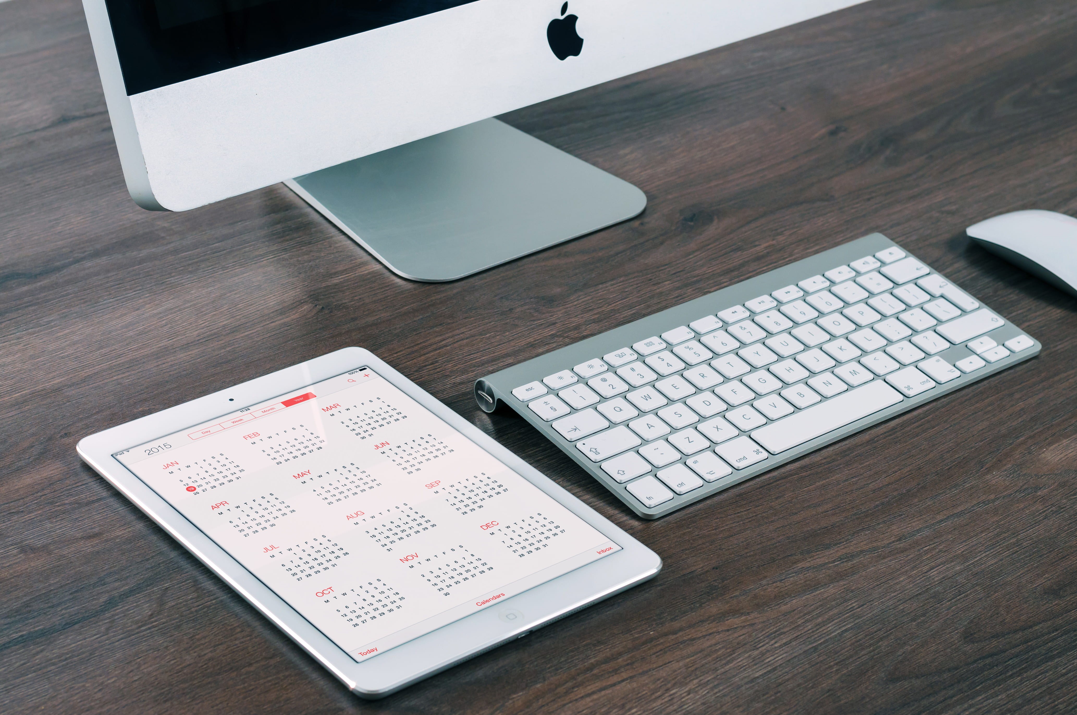 furniture, silver, computer, calendar, apple, white, office, still life, no people, connection, workspace, brown, mouse, apple imac, design, high angle view, HD Wallpaper