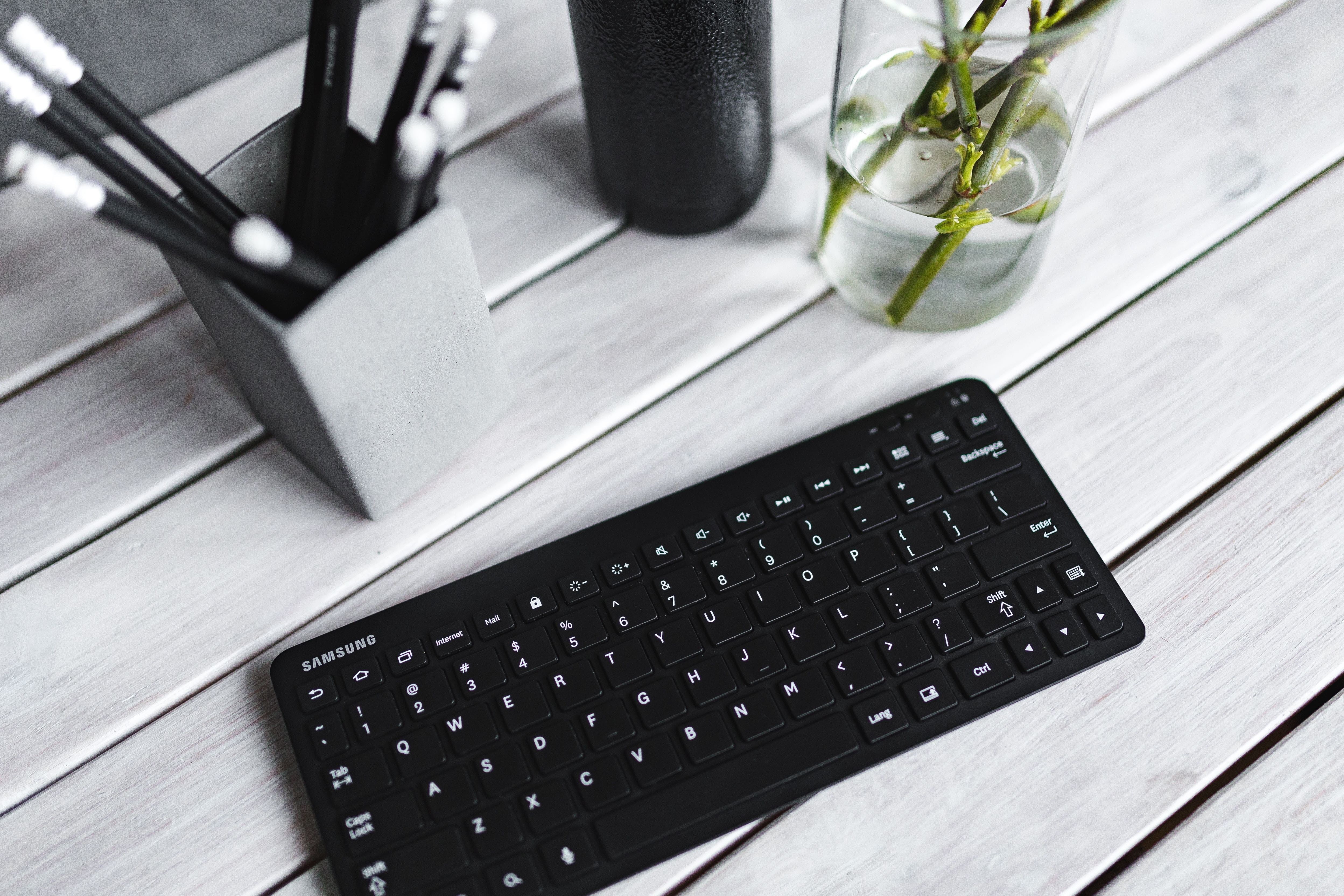 table, close-up, pencils, still life, computer key, computer, communication, high angle view, black, white, portable information device, bottle, wood - Material, HD Wallpaper