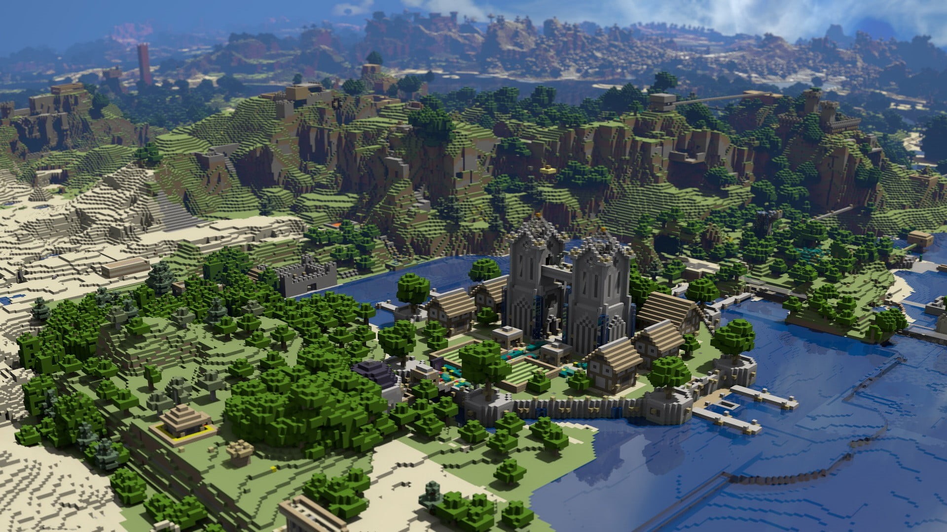 trees, video games, 1080P, downtown District, water, city, panoramic, body, travel, built Structure, aerial View, beside, urban Scene, sunlight, tower, HD Wallpaper