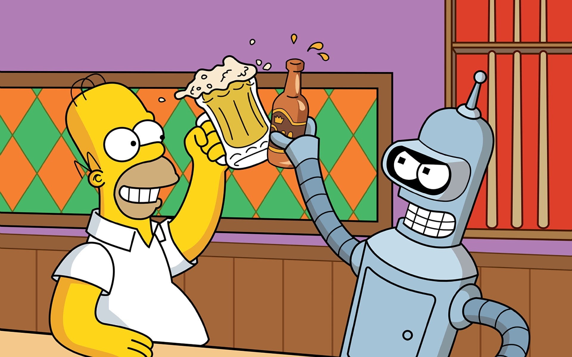 The Simpsons, outdoors, simpsons, lifestyles, people, bart, 1080P, human representation, communication, adult, building exterior, beer, mammal, emotion, HD Wallpaper