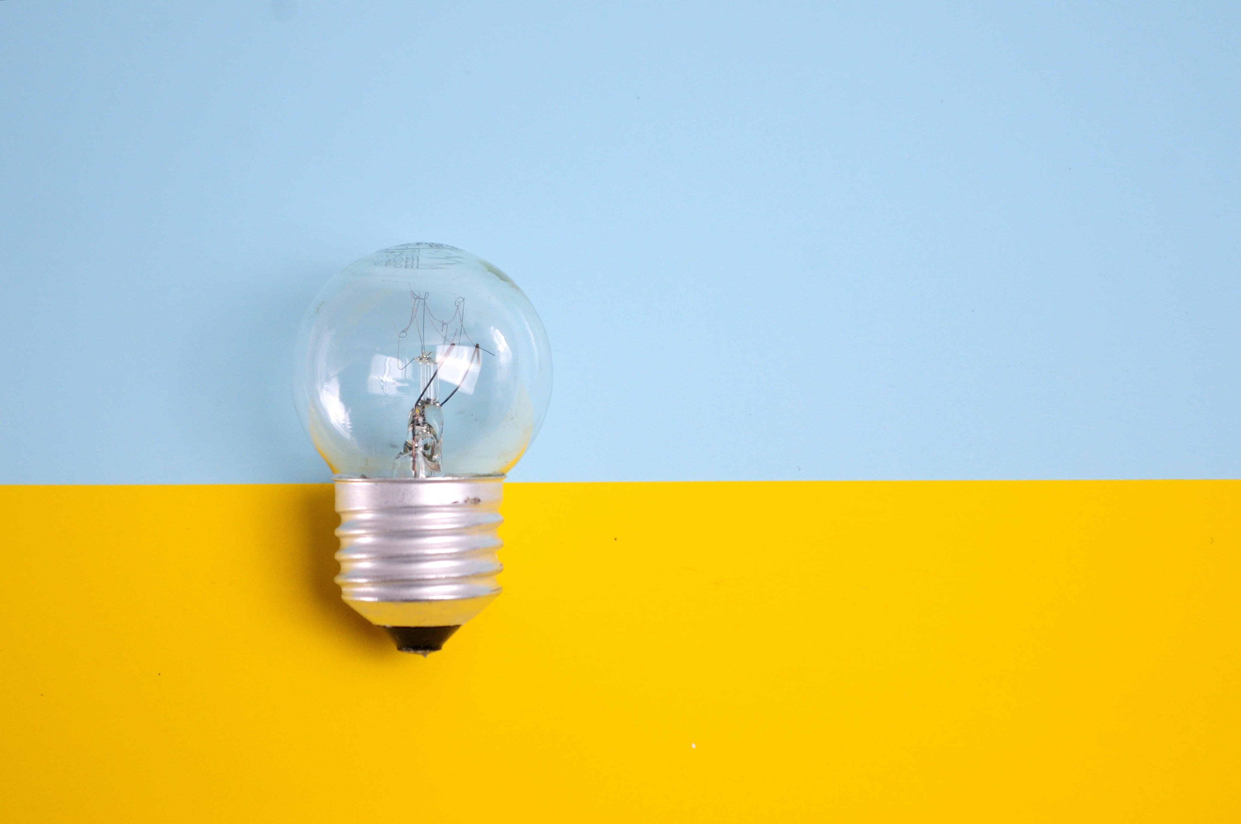 indoors, transparent, shiny, glass, glass items, illuminated, yellow, reflection, electricity, bright, bulb, 4K, invention, creativity, light, blue background, HD Wallpaper