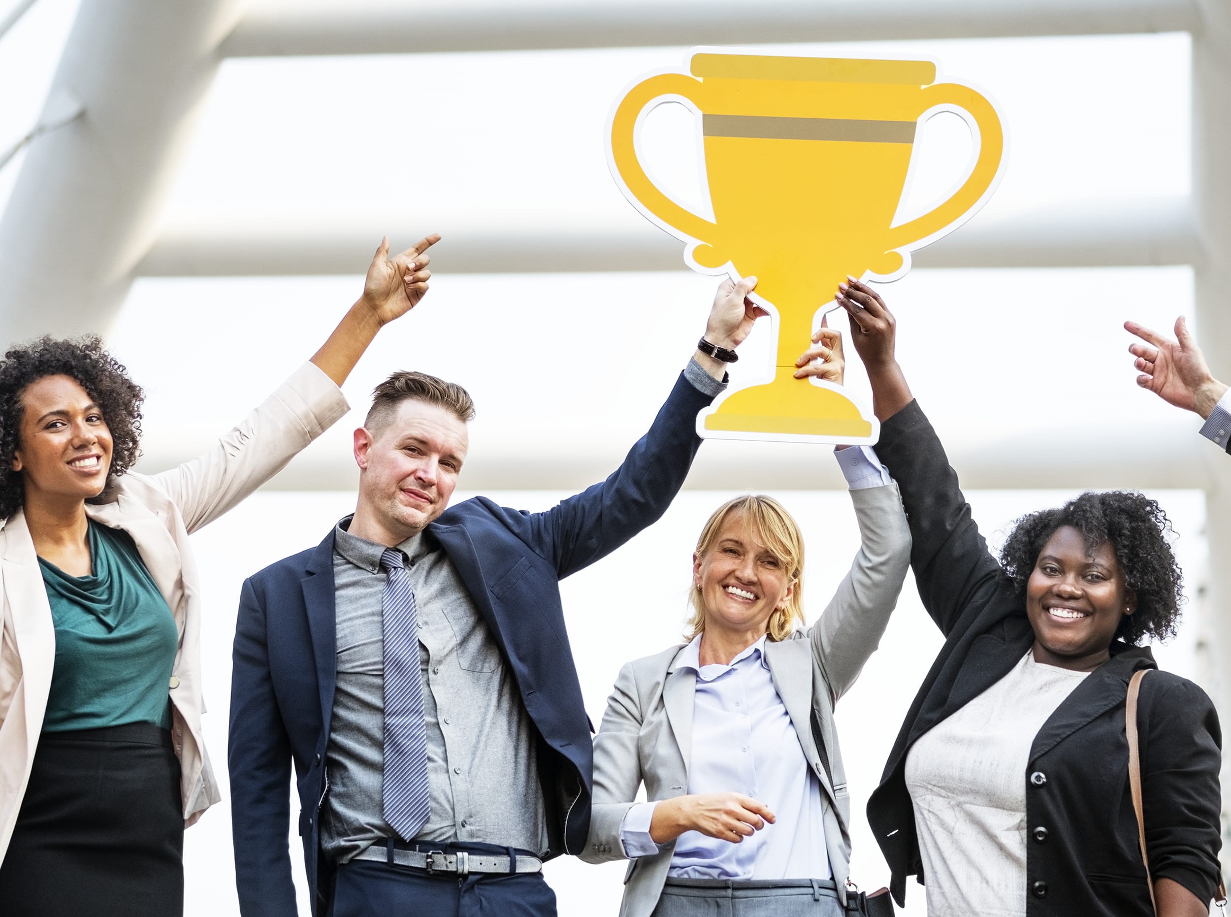 winner, smiling, team, beside, business person, businesswoman, men, happiness, leadership, goal, celebration, gray, group, human body part, city, arms raised, HD Wallpaper