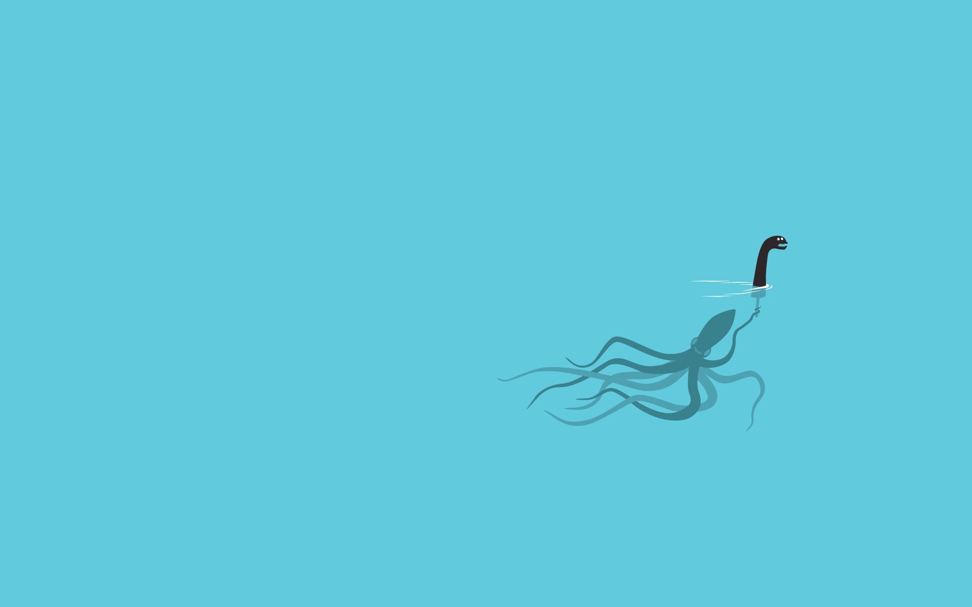creativity, sea monsters, blue, indoors, sea, animated, minimalism, cyan, blue background, humor, art and craft, squids, no people, simple, nessy, Loch Ness Monster, HD Wallpaper