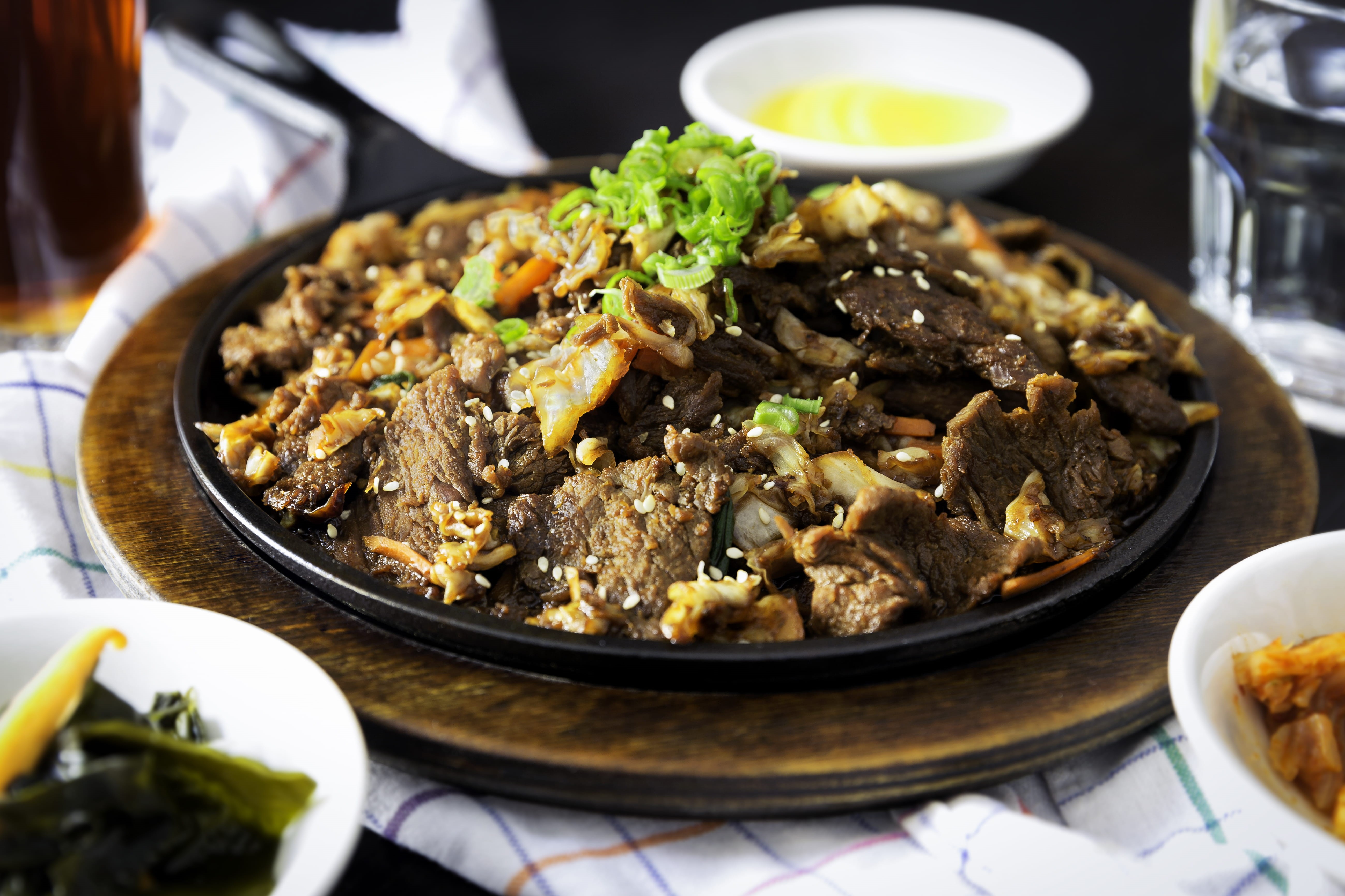 table, focus on foreground, temptation, food photography, garnish, meal, close-up, food, korean food, beef, cooking, bowl, meat, gourmet, still life, healthy, HD Wallpaper