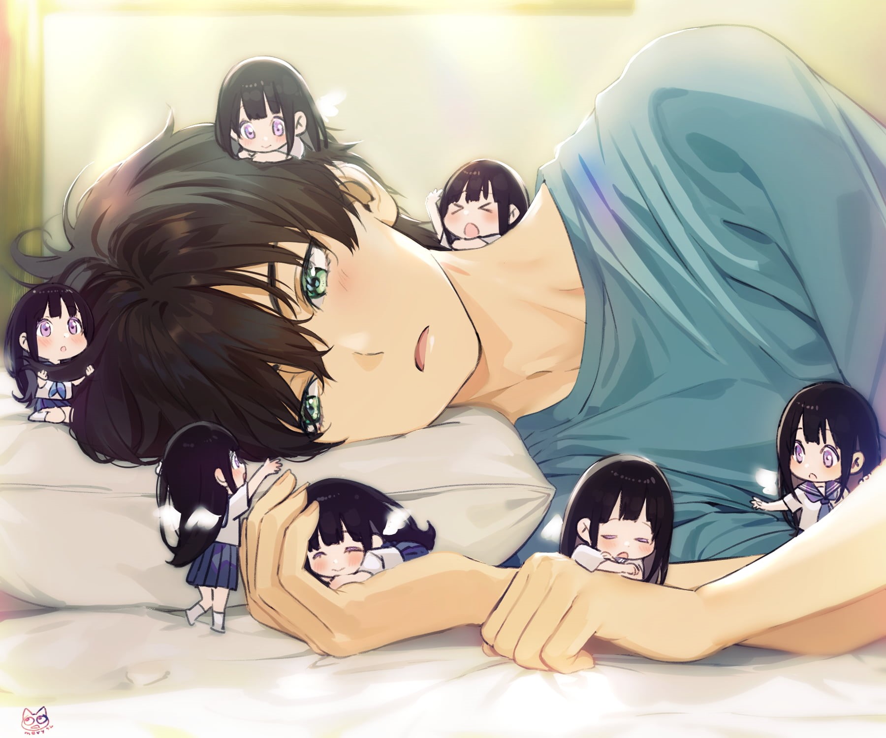 720P, 2D, black hair, Chitanda Eru, chibi, purple eyes, anime girls, open mouth, green eyes, short hair, Hyouka, brunette, long hair, school uniform, Oreki Houtarou, HD Wallpaper