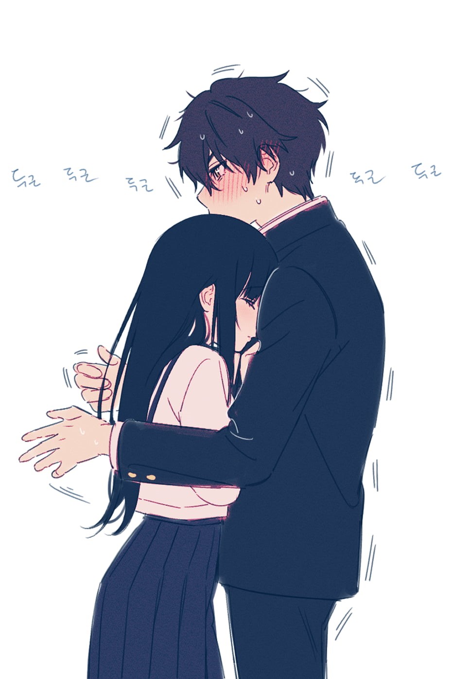 anime girls, school uniform, 720P, fan art, embarrassed, Hyouka, Oreki Houtarou, 2D, long hair, hugging, black hair, purple eyes, Chitanda Eru, simple background, Phone HD Wallpaper