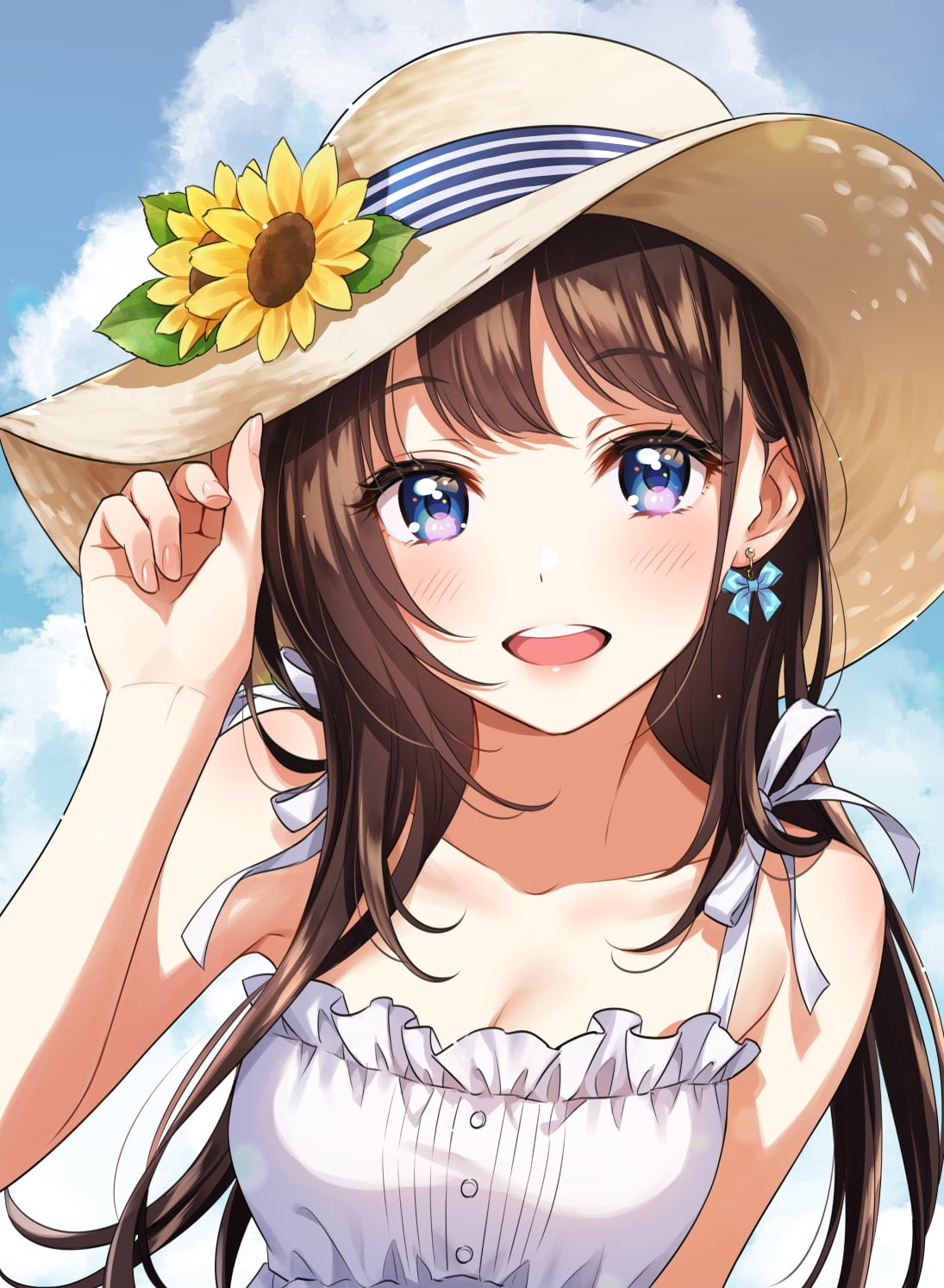 illustration, outdoors, blushing, clouds, women with hats, sunflowers, white dress, 2D, happy, digital art, anime girls, 720P, looking at viewer, brunette, Phone HD Wallpaper