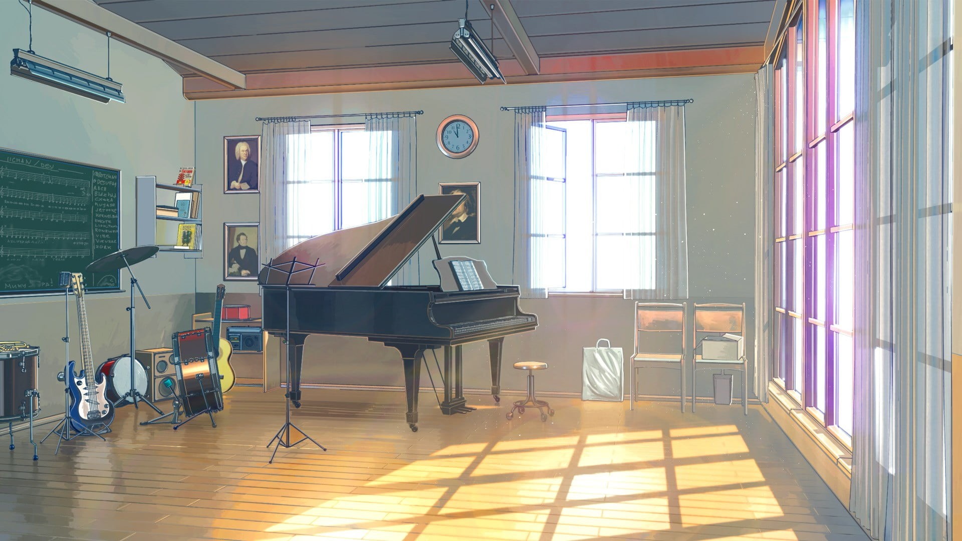 building, 1080P, flooring, clocks, Everlasting Summer, window, guitar, ArseniXC, grand piano, musical equipment, illustration, day, architecture, ceiling, HD Wallpaper