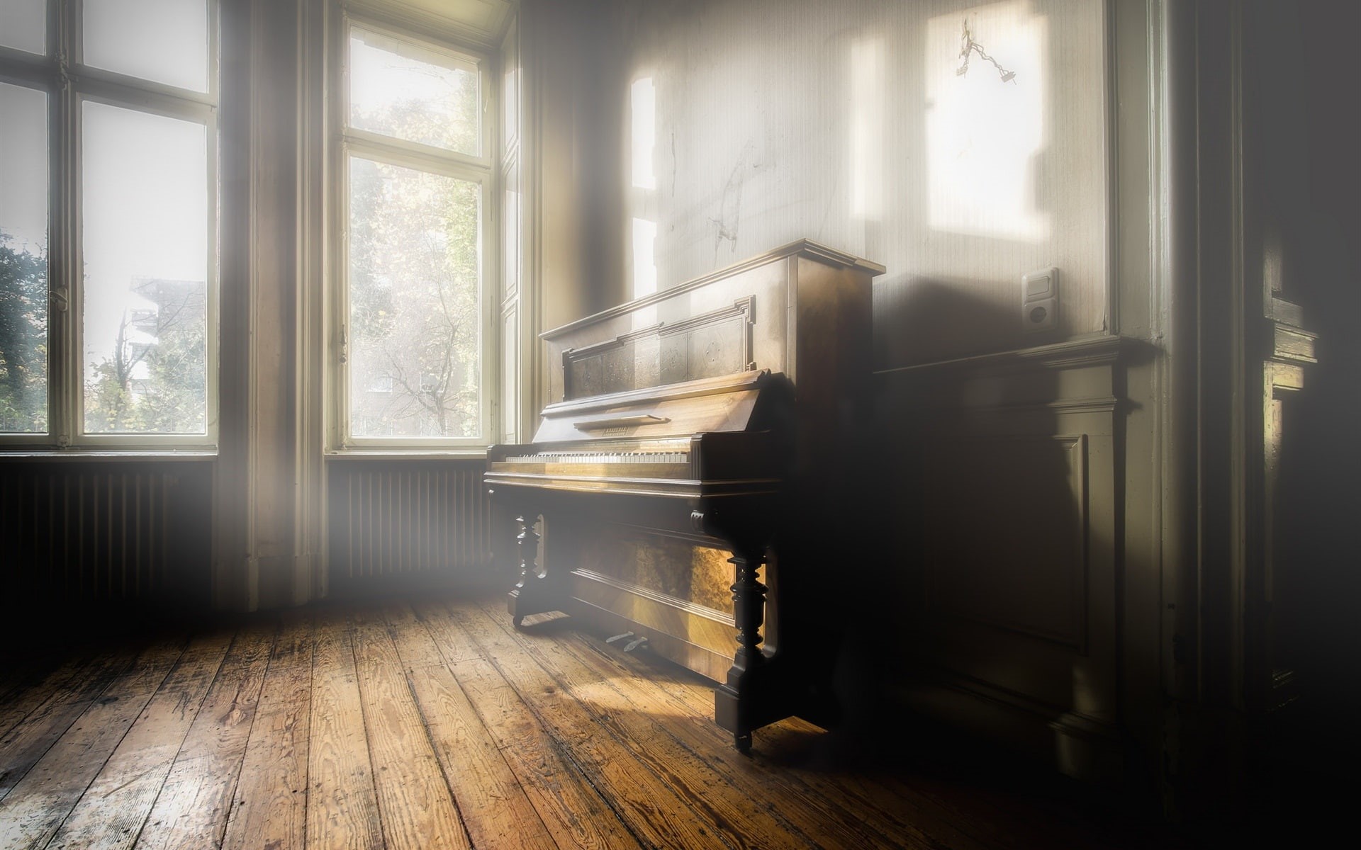 Music, brown, 1080P, Rays, upright, Piano, Room, black, Sun, HD Wallpaper