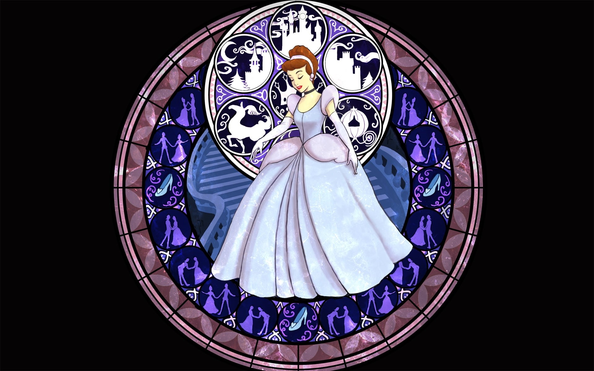 hd, hearts, kingdom, 1080P, cinderella, art, stained, video, Kingdom Hearts, x, disney, glass, games, Disney Company, company, HD Wallpaper