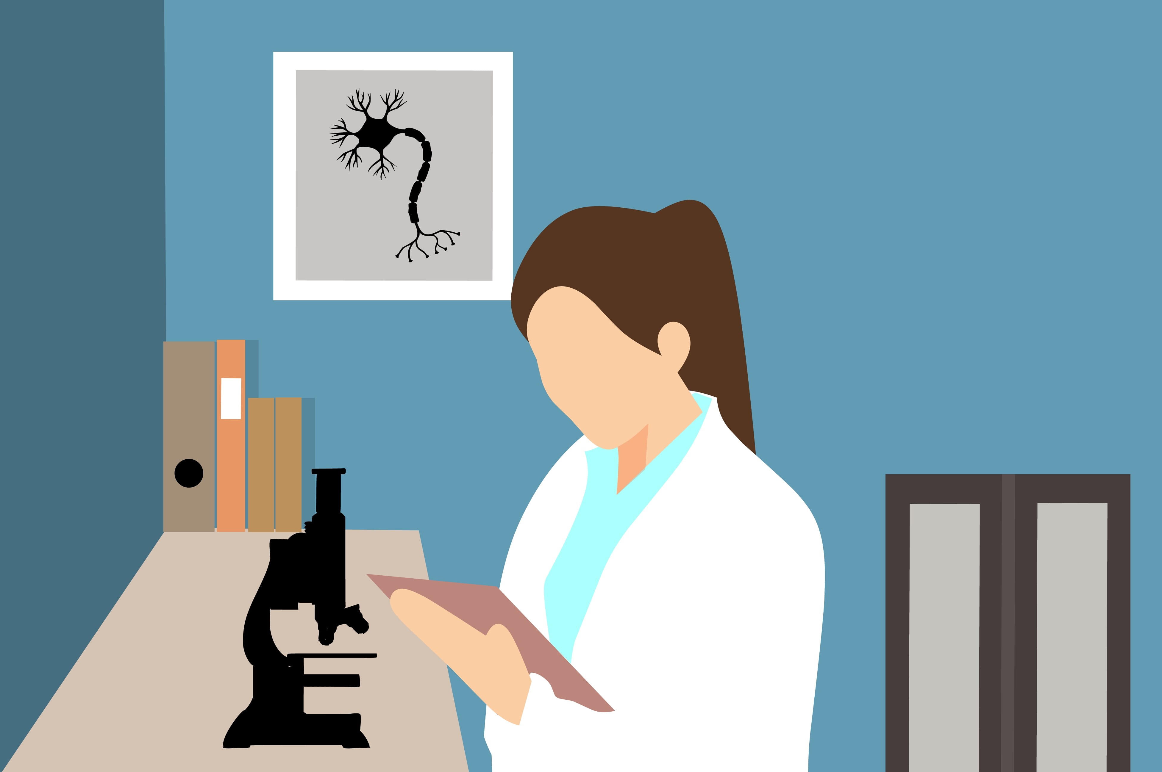cartoon, medical, blue, representation, indoors, woman, medicine, analysis, illustration, doctor, science, connection, men, 4K, communication, lab, adult, HD Wallpaper
