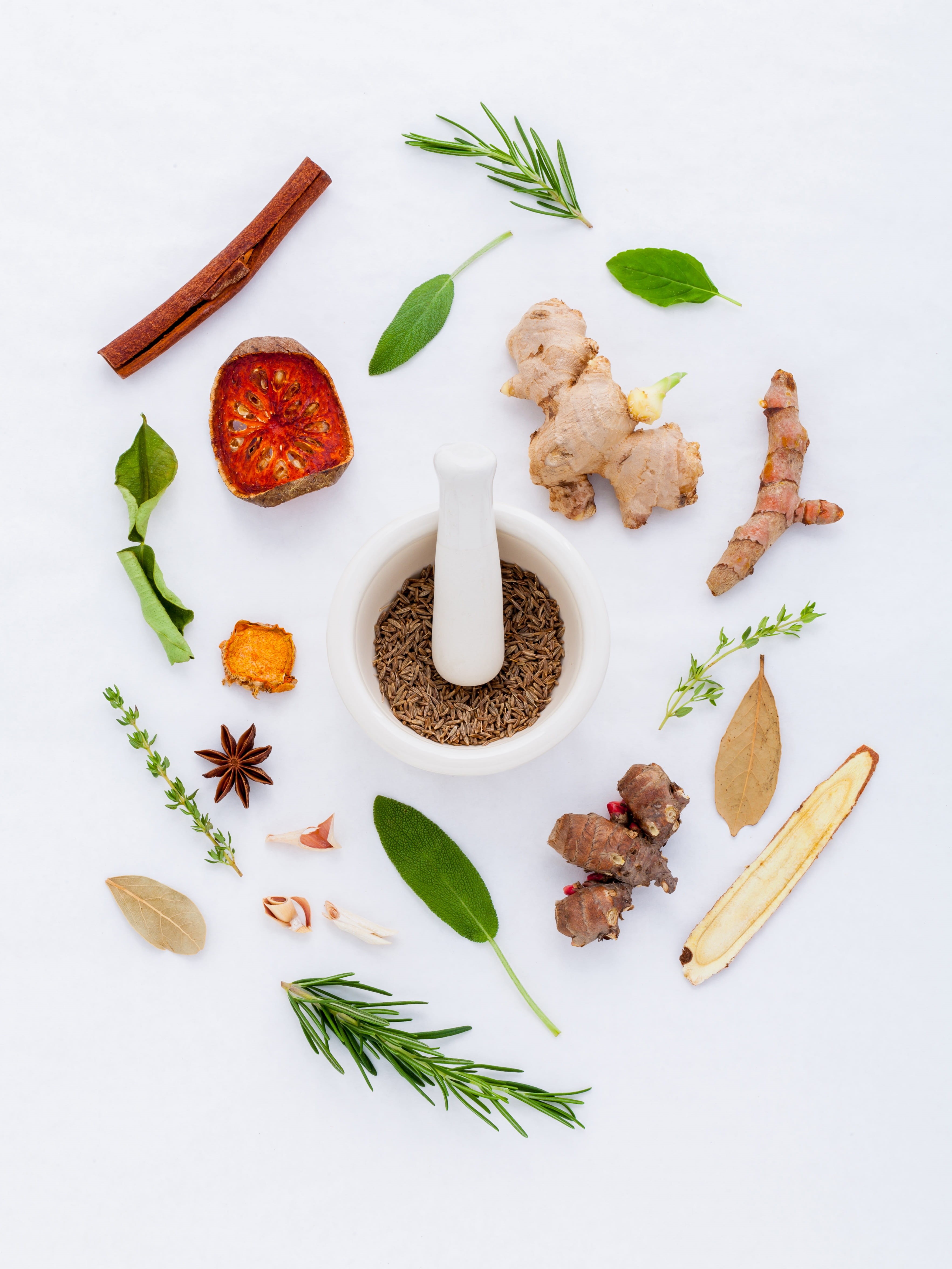 still life, food, freshness, science, white, hospital, no people, rosemary, ceramic, organic, spice, mortar and pestle, basil, indoors, vitamins, green, Phone HD Wallpaper