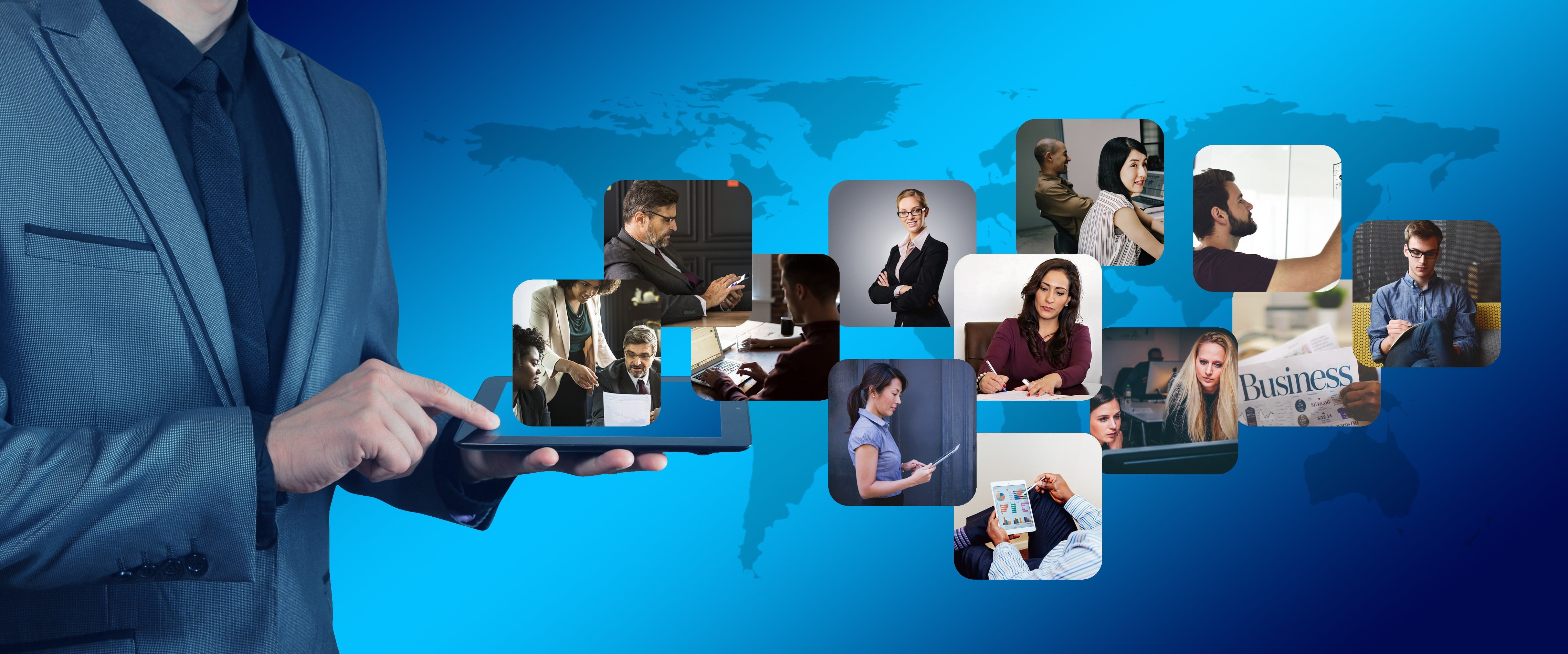 tablet, organization, project, men, man, cooperation, global, 4K, coworker, network, business, mature adult, globalalisierung, information, blue background, HD Wallpaper