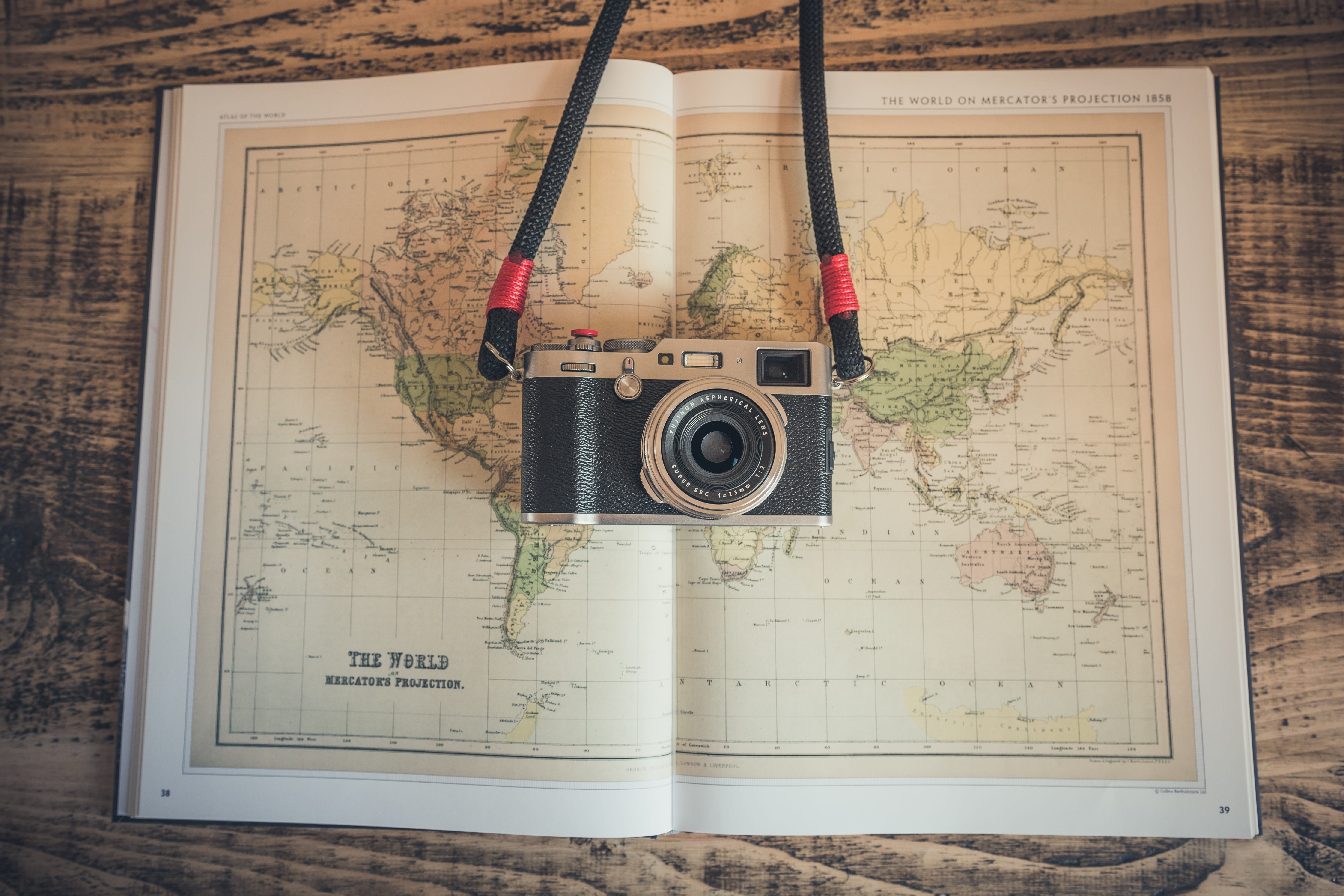 photography themes, text, black, close-up, gray, flat lay, camera, high angle view, man made object, antique, world, globe, open, equipment, reflex camera, HD Wallpaper