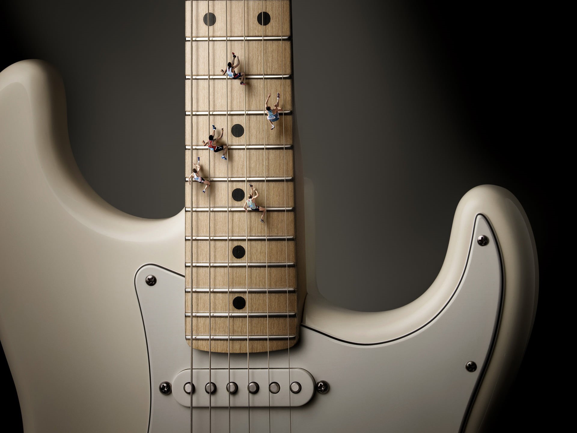 string instrument, running, guitar, no people, still life, wall - building feature, electrical equipment, music, black background, stratocaster, Fender, HD Wallpaper