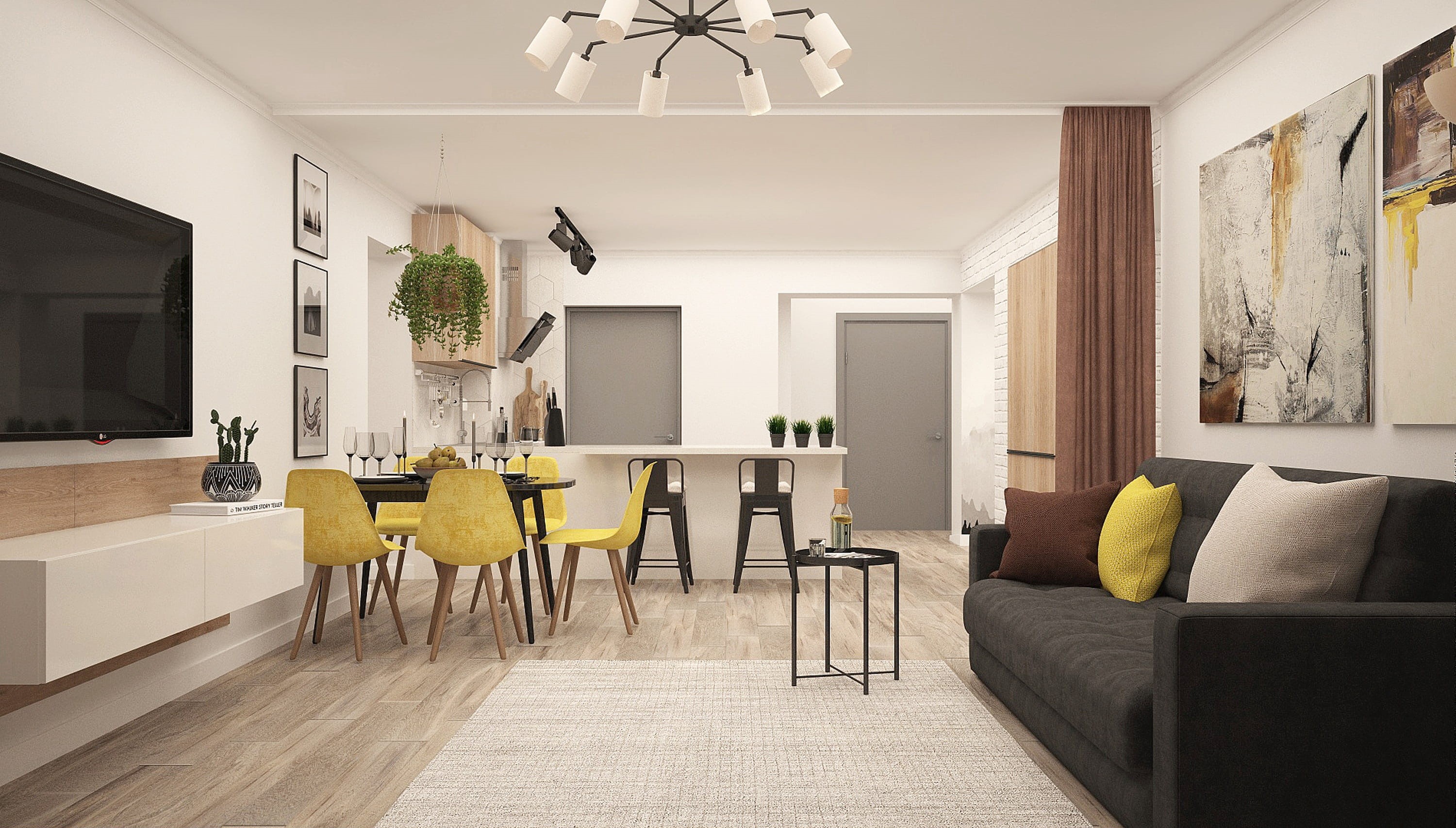 table, tidy room, interior design, studio, electric lamp, interior, home showcase interior, modern, apartment, seat, lighting equipment, sofa, kitchen, HD Wallpaper