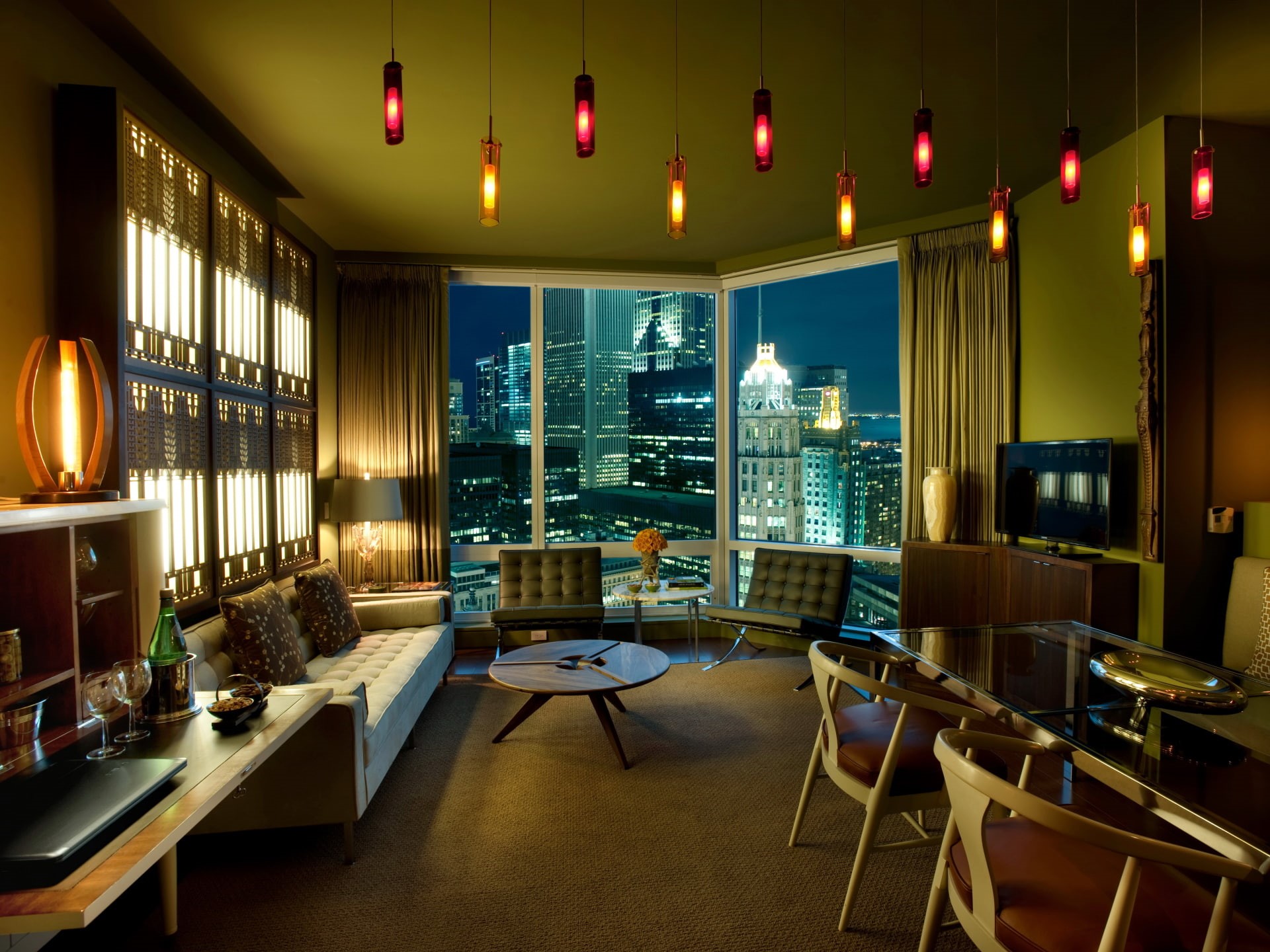 seat, night, architecture, interior design, cityscape, table, wealth, interior, home interior, home showcase interior, domestic room, setting, luxury, elegance, HD Wallpaper