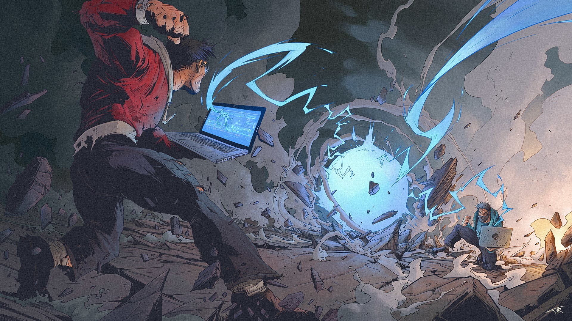 wireless technology, laptop, communication, science, fish, water, creativity, one person, technology, adult, high angle view, indoors, anime, HD Wallpaper