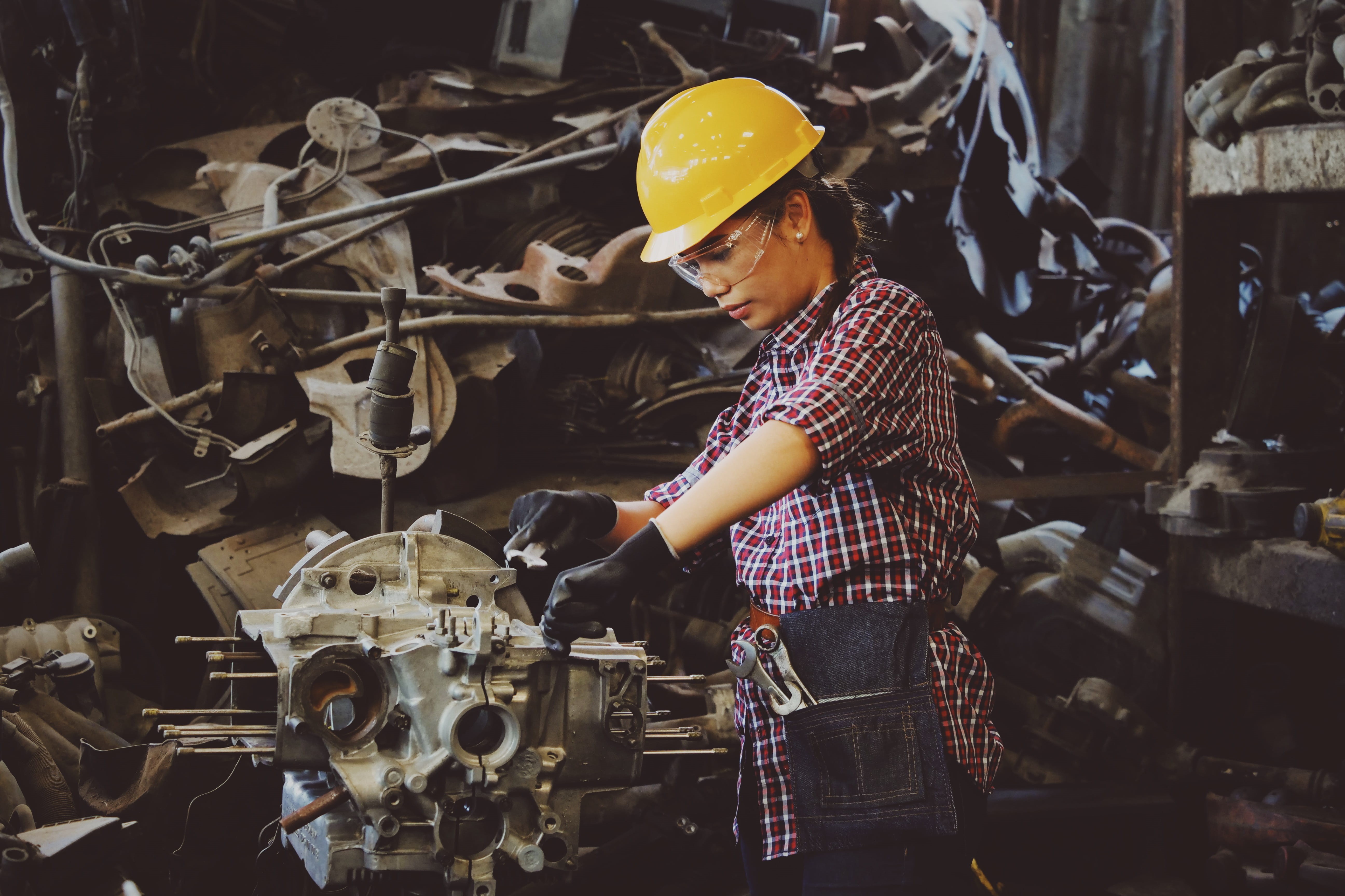 hardhat, worker, women, wears, holding, part, wear, occupation, yellow, machinery, girl, factory, one person, three quarter length, standing, 5K, industry, HD Wallpaper