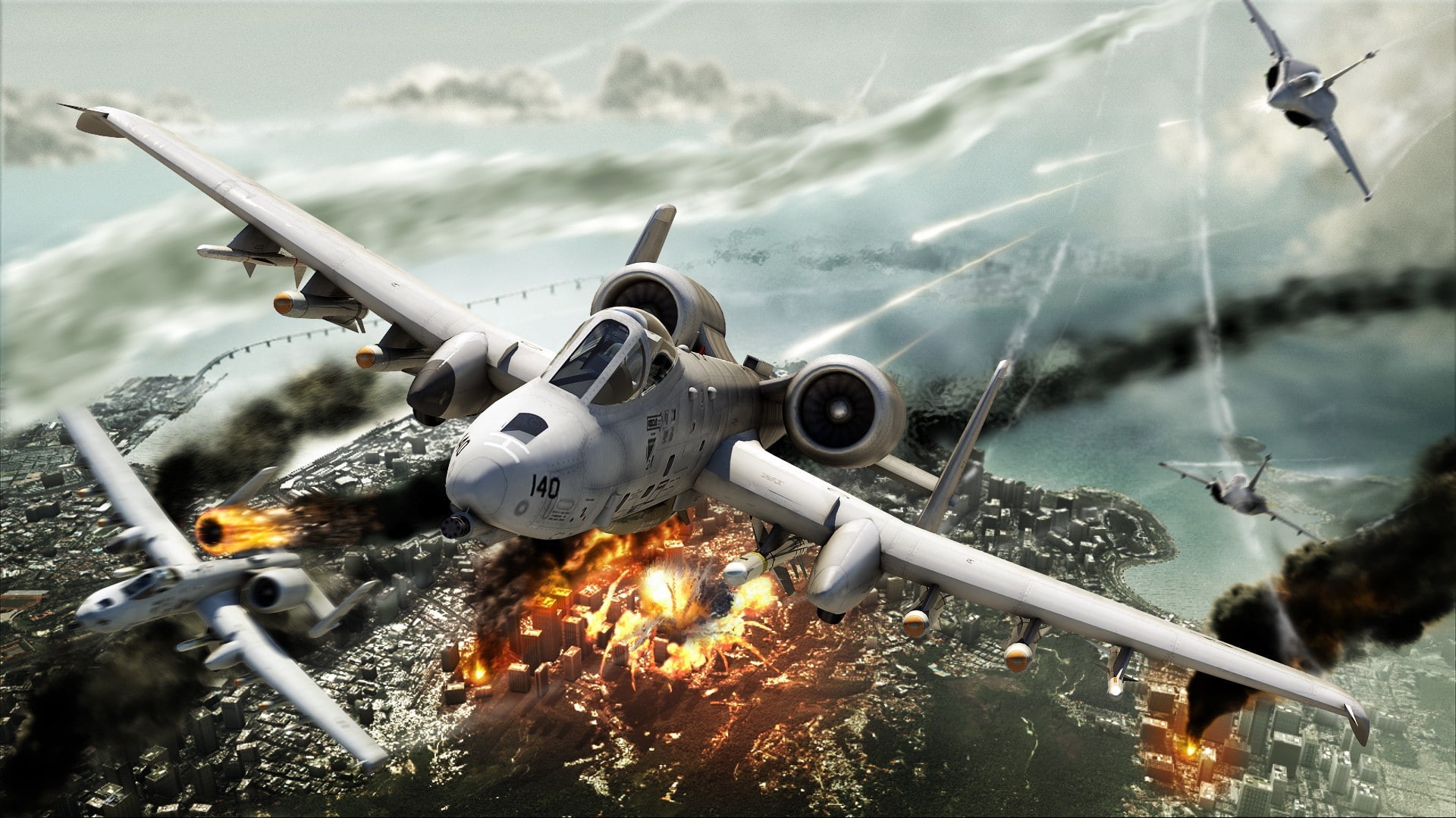 air vehicle, mode of transportation, technology, no people, water, mountain, Fairchild Republic A-10 Thunderbolt II, artwork, cloud - sky, nature, environment, HD Wallpaper