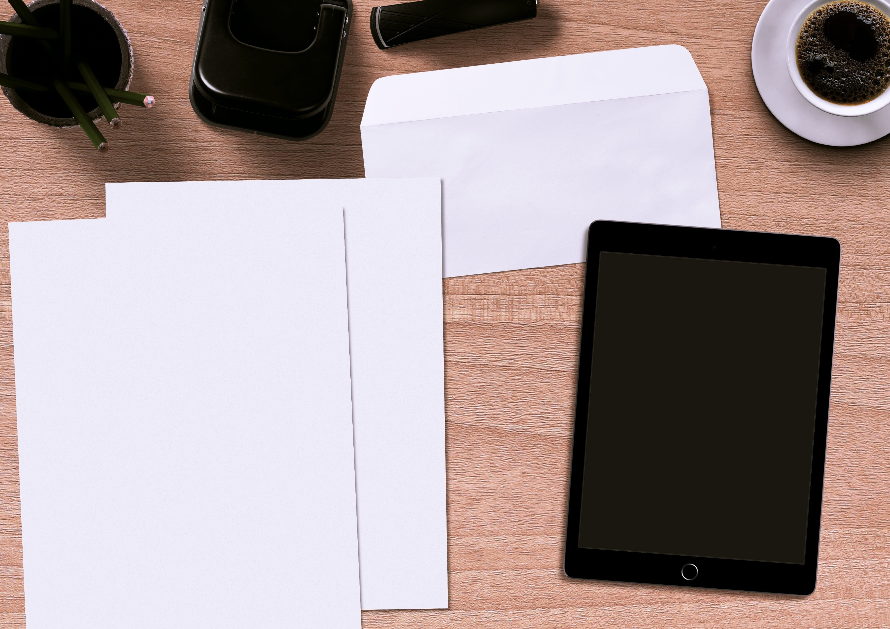 letters, coffee - drink, desk, mailing, high angle view, digital tablet, marketing, blank, business, social, drink, stapler, network, coffee cup, table, HD Wallpaper