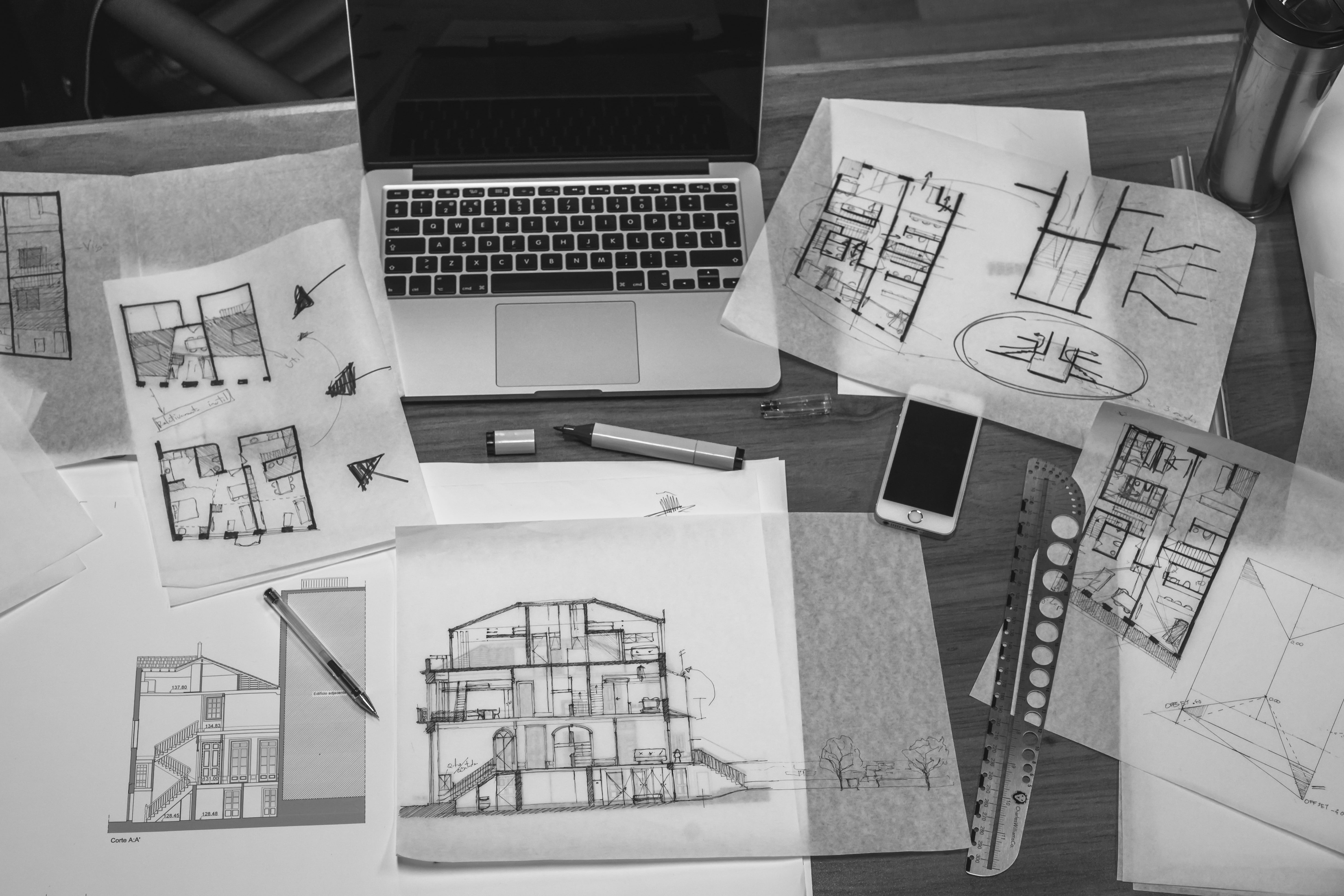 high angle view, sketch, 5K, house, room, macbook, drawings, communication, large group of objects, blueprint, office, creativity, furniture, pen, paper, HD Wallpaper