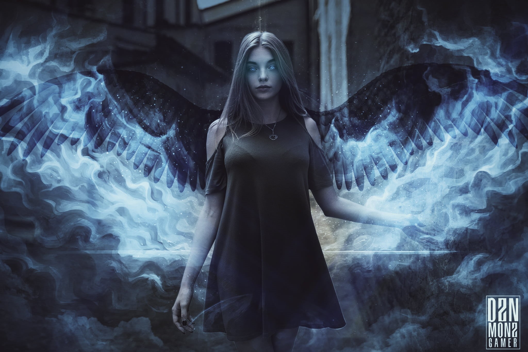 one person, 1080P, beautiful woman, dark, spirituality, young women, hairstyle, woman, contemplation, looking at camera, smoke - physical structure, winged, HD Wallpaper
