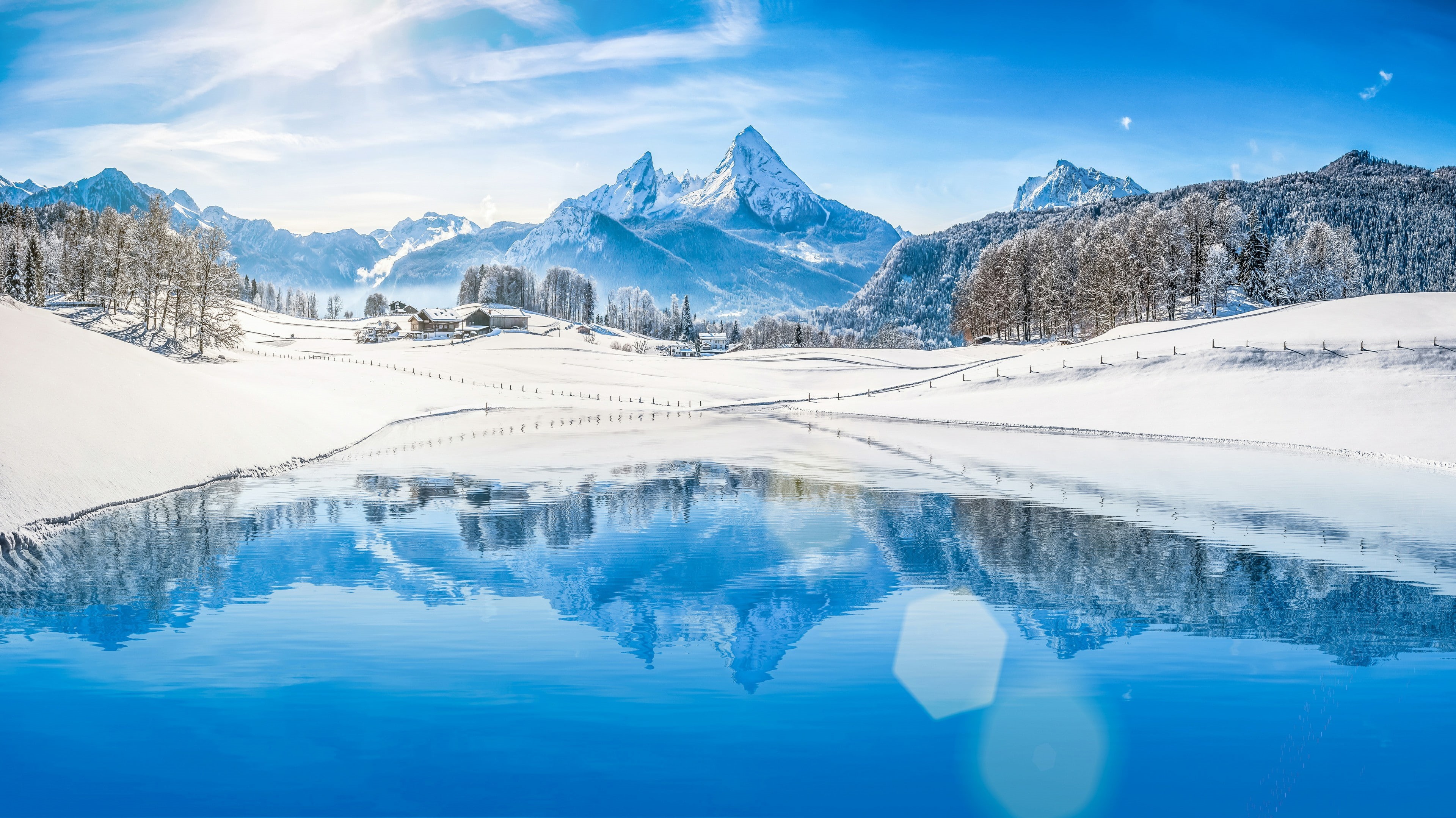 berchtesgaden, mountain range, watzmann, sky, reflection, freezing, mountain lake, glacial lake, berchtesgaden national park, winter, alps, nature, reflected, HD Wallpaper