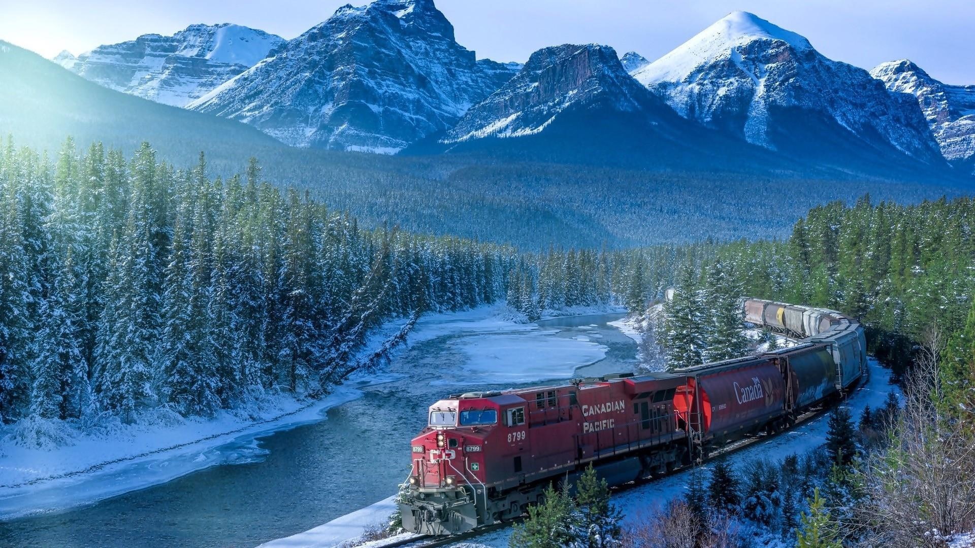 canadian rockies, track, nature, rail transport, transport, sky, banff national park, north america, 1080P, mount scenery, mountainous landforms, mountain, HD Wallpaper