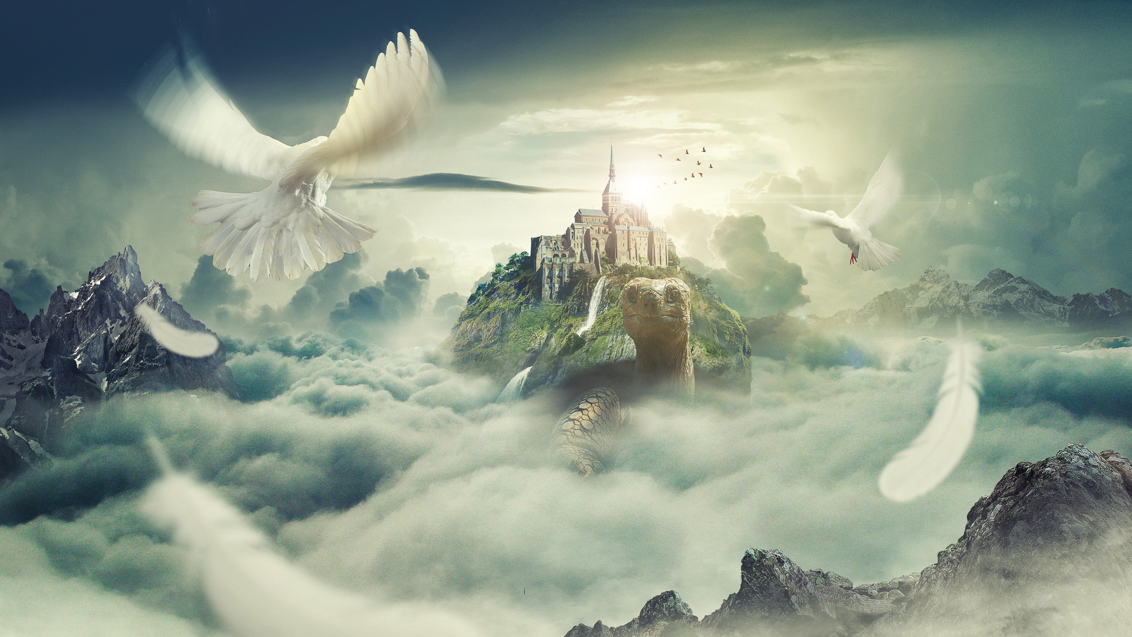 landscape, building exterior, fantasy, office building exterior, digital composite, temple, white, castle, fog, land, animal, two, water, sunlight, 4K, HD Wallpaper