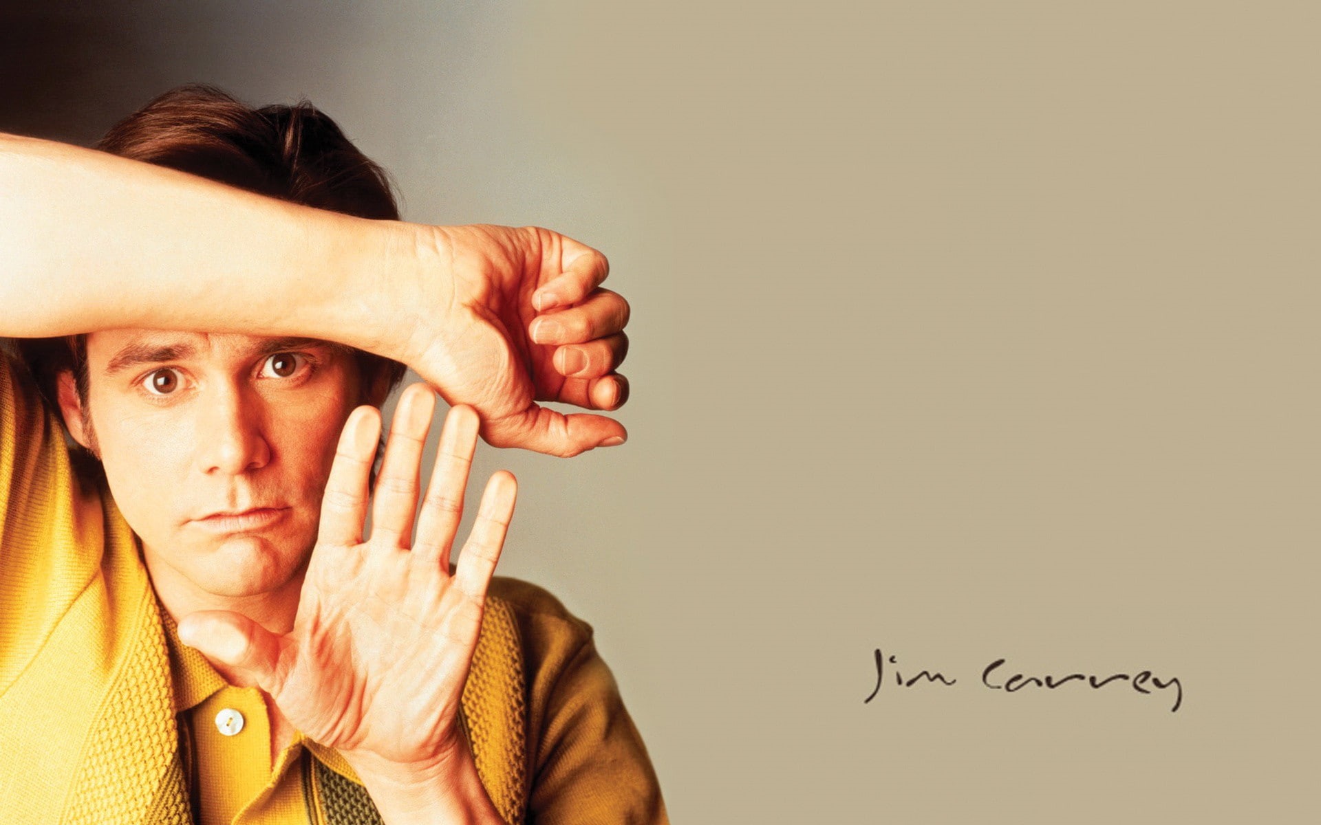 headshot, lifestyles, text, men, real people, contemplation, studio shot, Jim Carrey, emotion, hands, 1080P, indoors, hand, front view, celebrity, copy space, HD Wallpaper