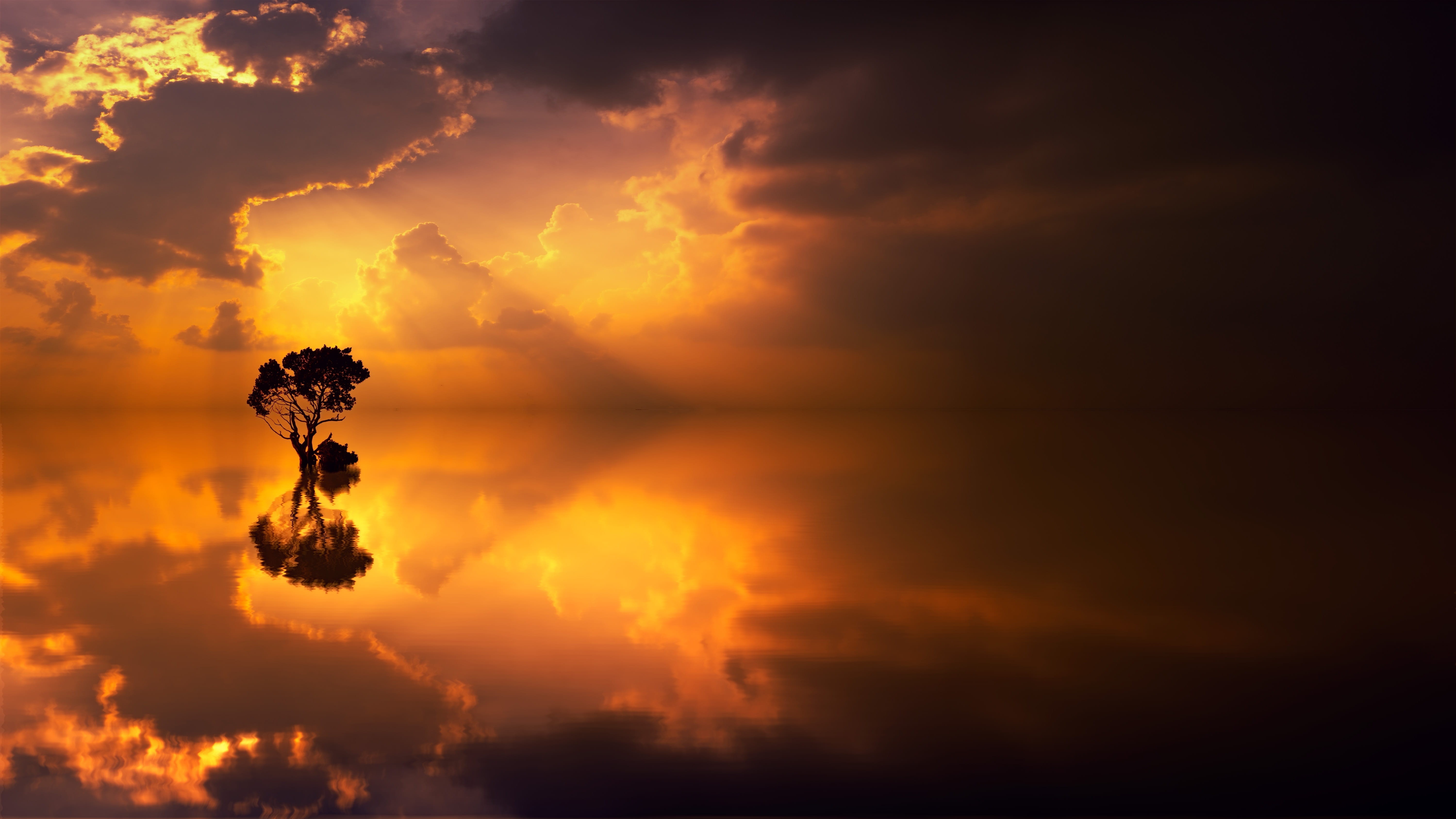 idyllic, tranquil scene, sunbeam, tranquility, twilight, mirroring, cloudscape, atmospheric mood, himmelröte, tree, beauty in nature, afterglow, romantic, HD Wallpaper