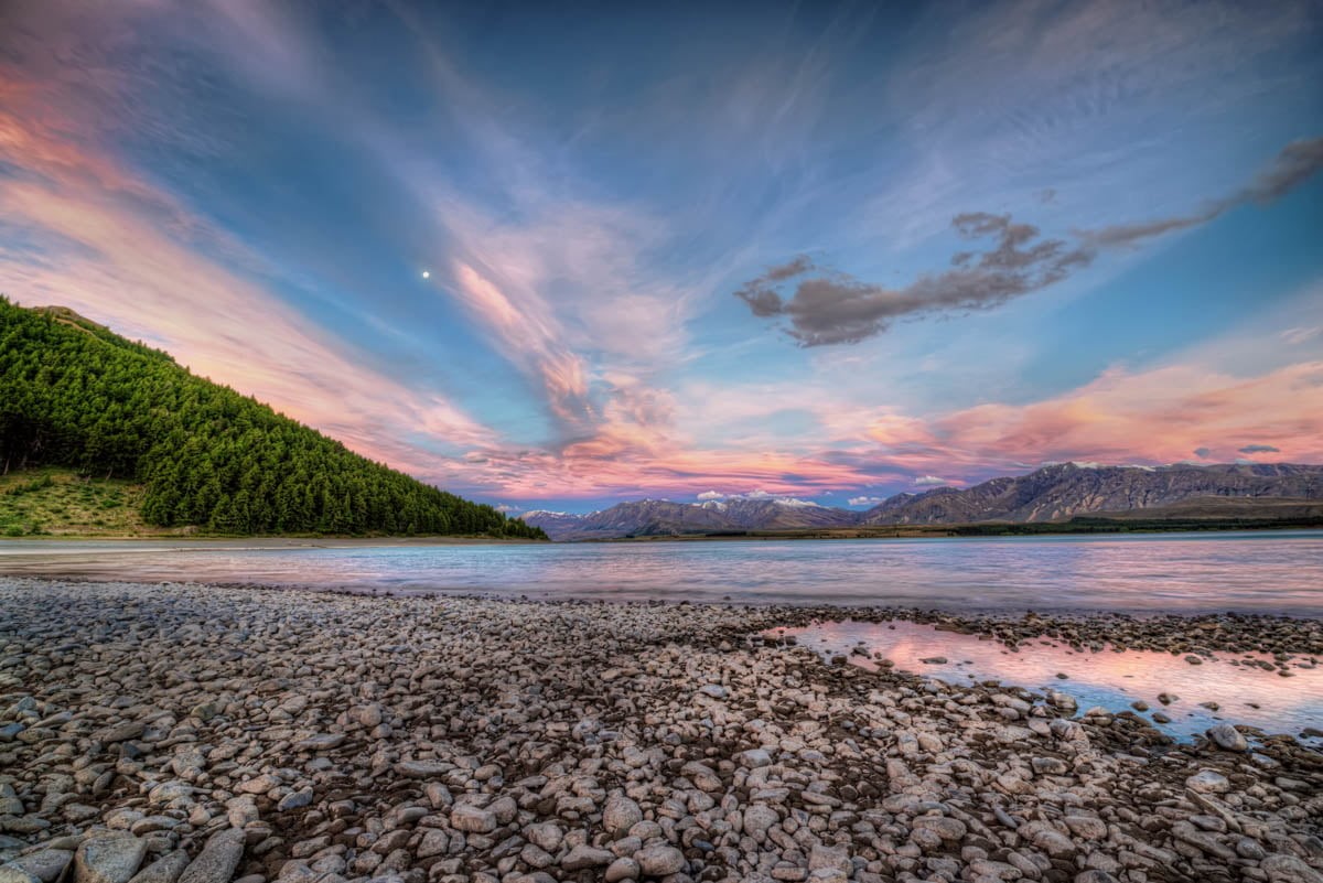 seashore, High Dynamic Range, tekapo, Stones, Jacob, Landscape, pixels, lake, mountain, Country  Time, Light, Pink, green pine, Fine Art Photography, Warm, HD Wallpaper